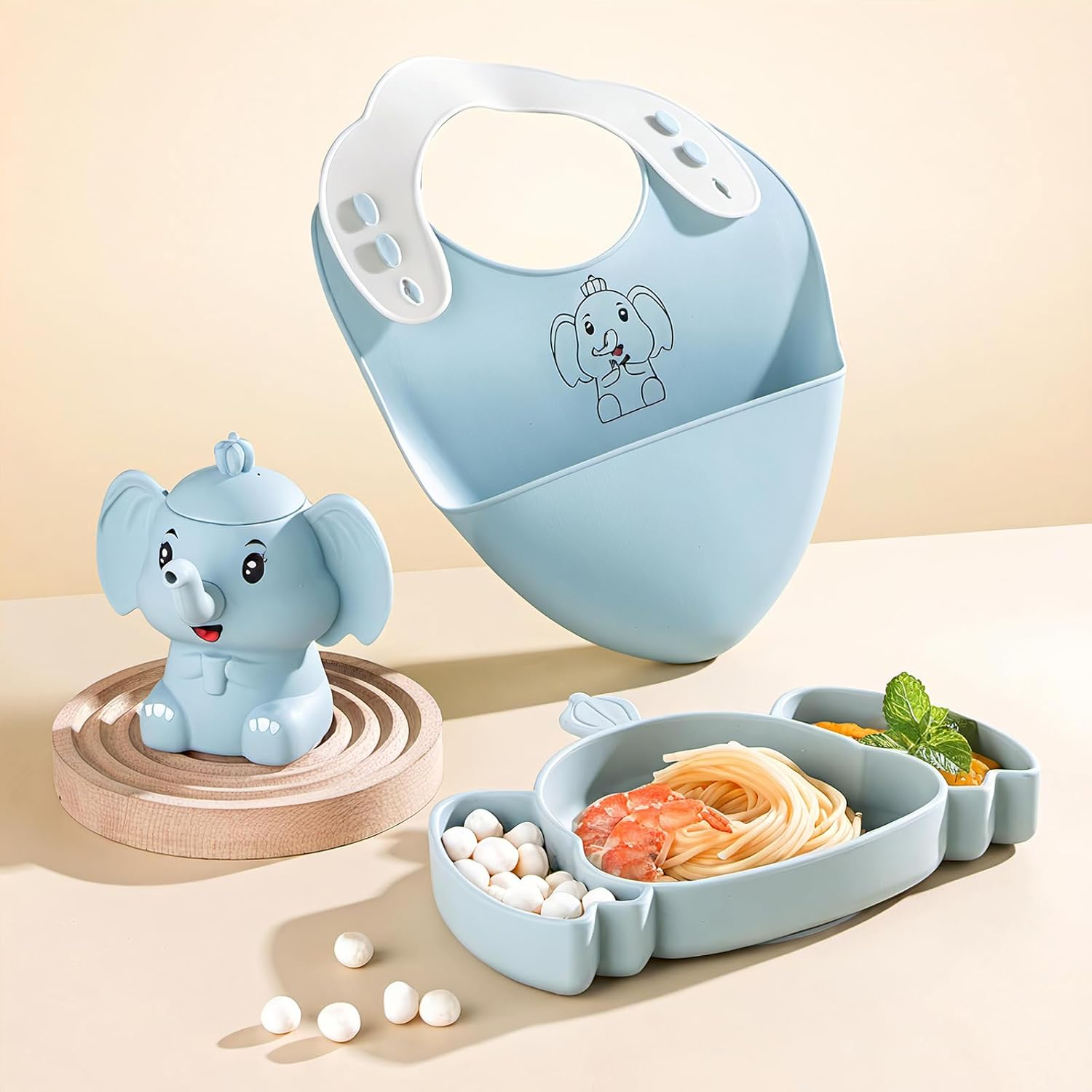 Silicone Baby Feeding Set 7PC Baby Led Weaning Supplies Self Feeding Utensils Divided Suction Dining Plate Bibs Cute Heat-Resistant Design Sippy Cup 304 Stain Steel Spoons Forks Toddler Utensil Set