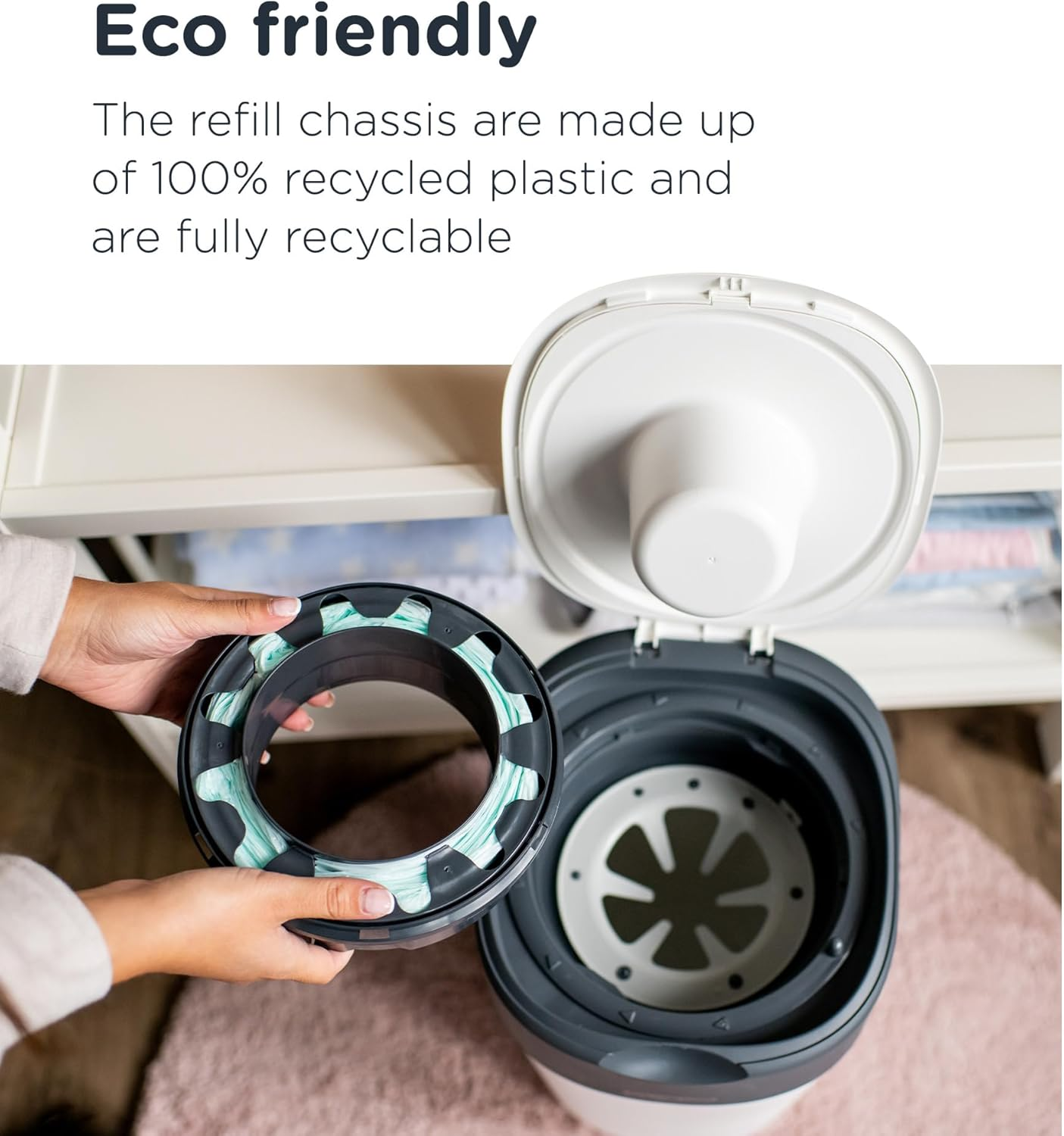 Tommee Tippee Twist and Click Nappy Bin Starter Set, White, with X6 Refill Cassettes, Odour and Germ Protection, Antibacterial Film, 100% Recycled Chassis, (Pack May Vary) image number 5