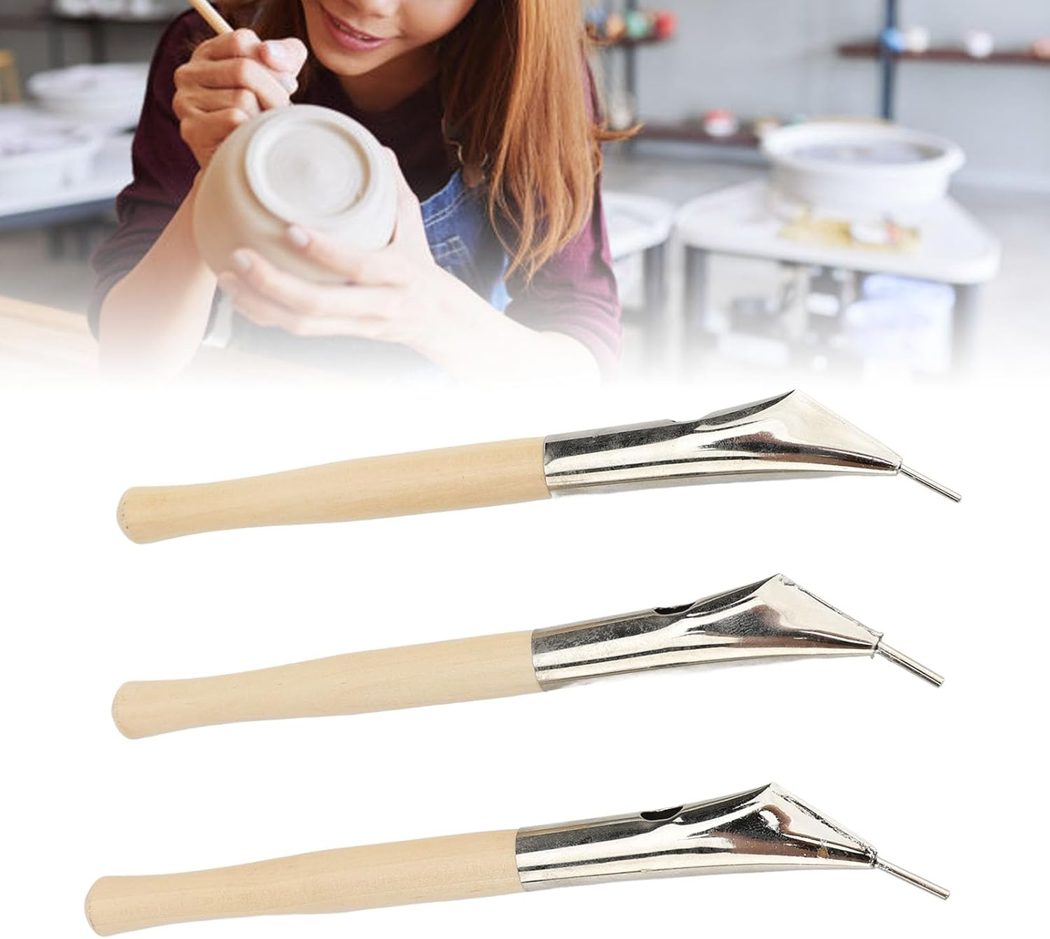 3PCS Batik Printing Pen, Clay Carving Tools Stainless Steel Wooden Handle for Drawing on Fabric Cloth Crafts Pottery, Art Tool with Multiple Functions, Great Art Supplies image number 2