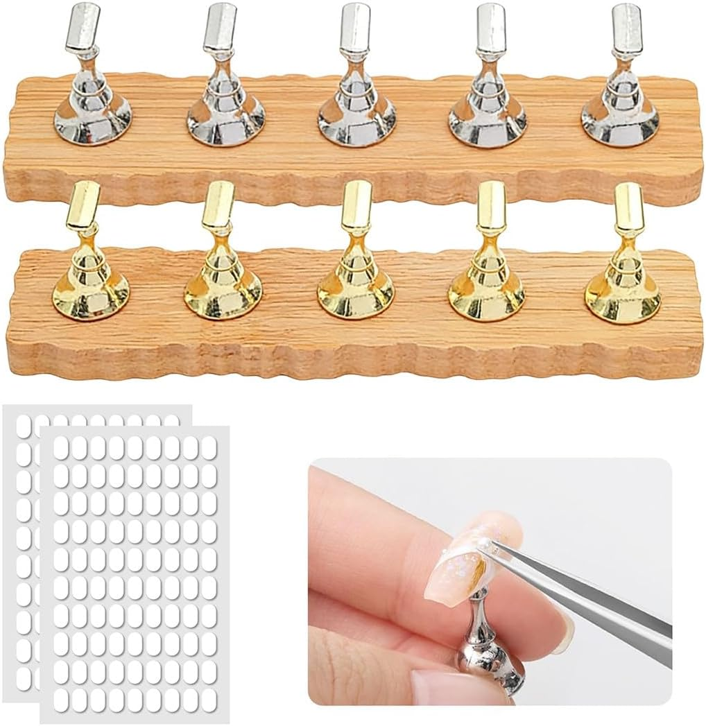 JYNXOR Set of 2 Nail Stands, Wooden Nail Practice Stand, Nail Holder, Magnetic Nail Tips Holder, Clear Pink Purple, Training Finger Display Stand, 2 Bases, One Sticker image number 1