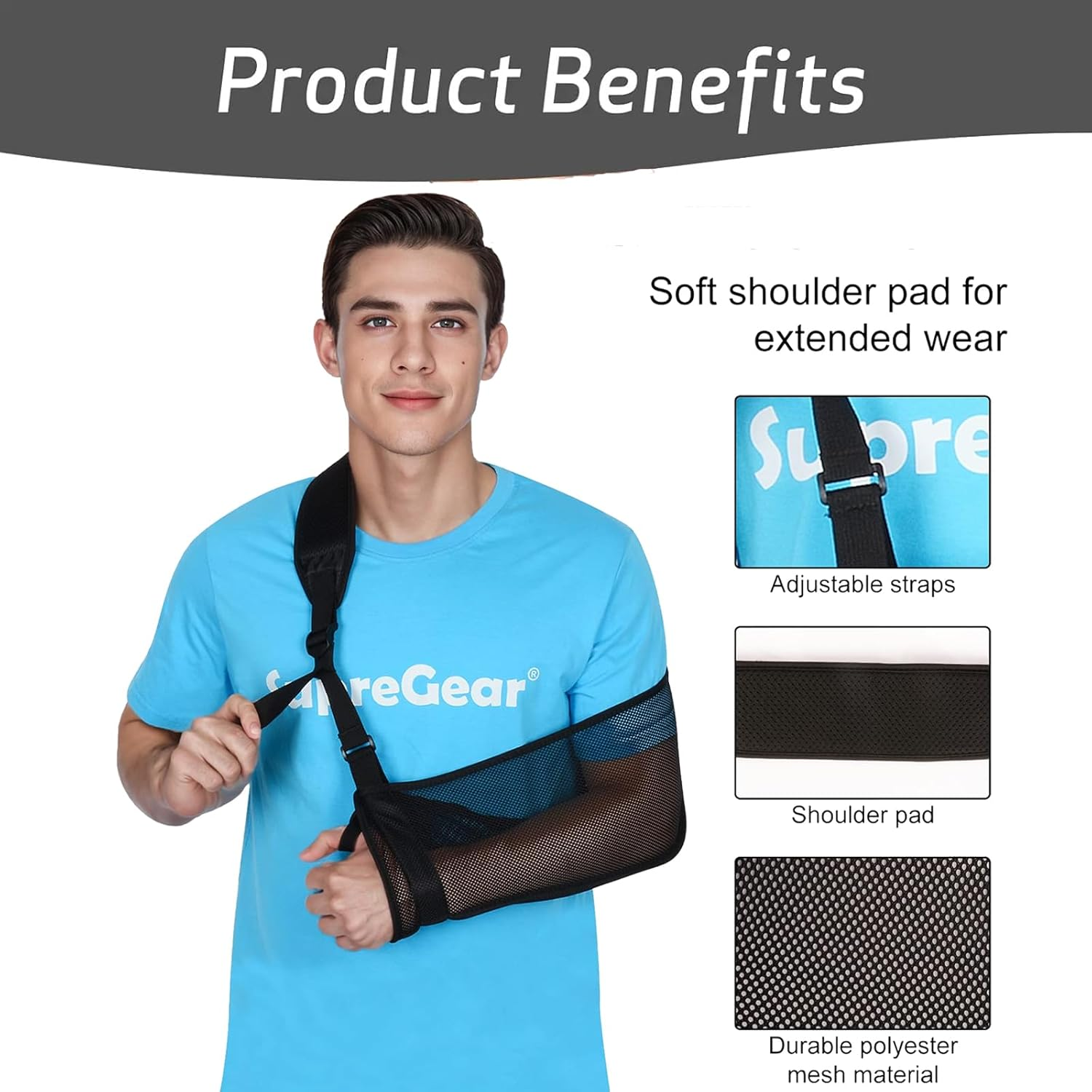 MYLEUS Mesh Arm Sling Shoulder Immobilizer - Adjustable Lightweight Breathable Support Brace for Injured Arm - Fits Left/Right Arm Men Women Adults (Black, L)
