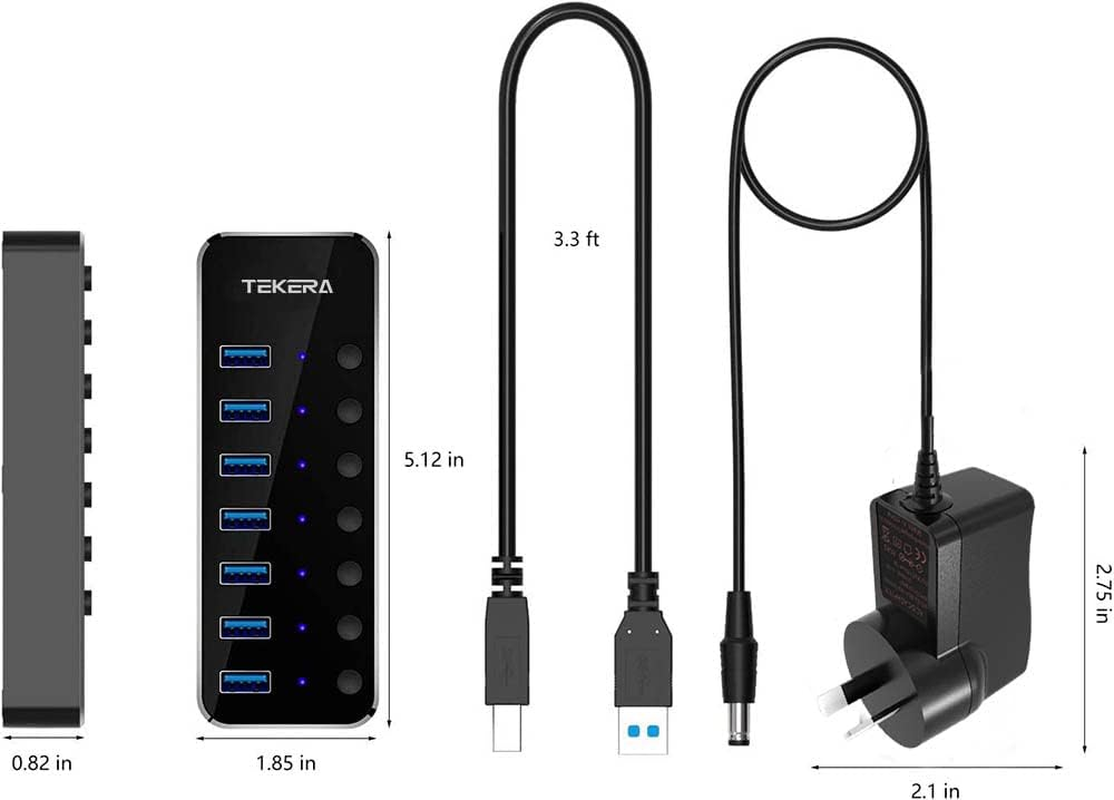 USB 3.0 Hub, TEKERA 7 Port Powered USB Hub Expander Aluminum USB 3.0 Data Port Hub with Universal 5V AC Adapter and Individual On/Off Switches USB Splitter for Laptop and PC image number 5