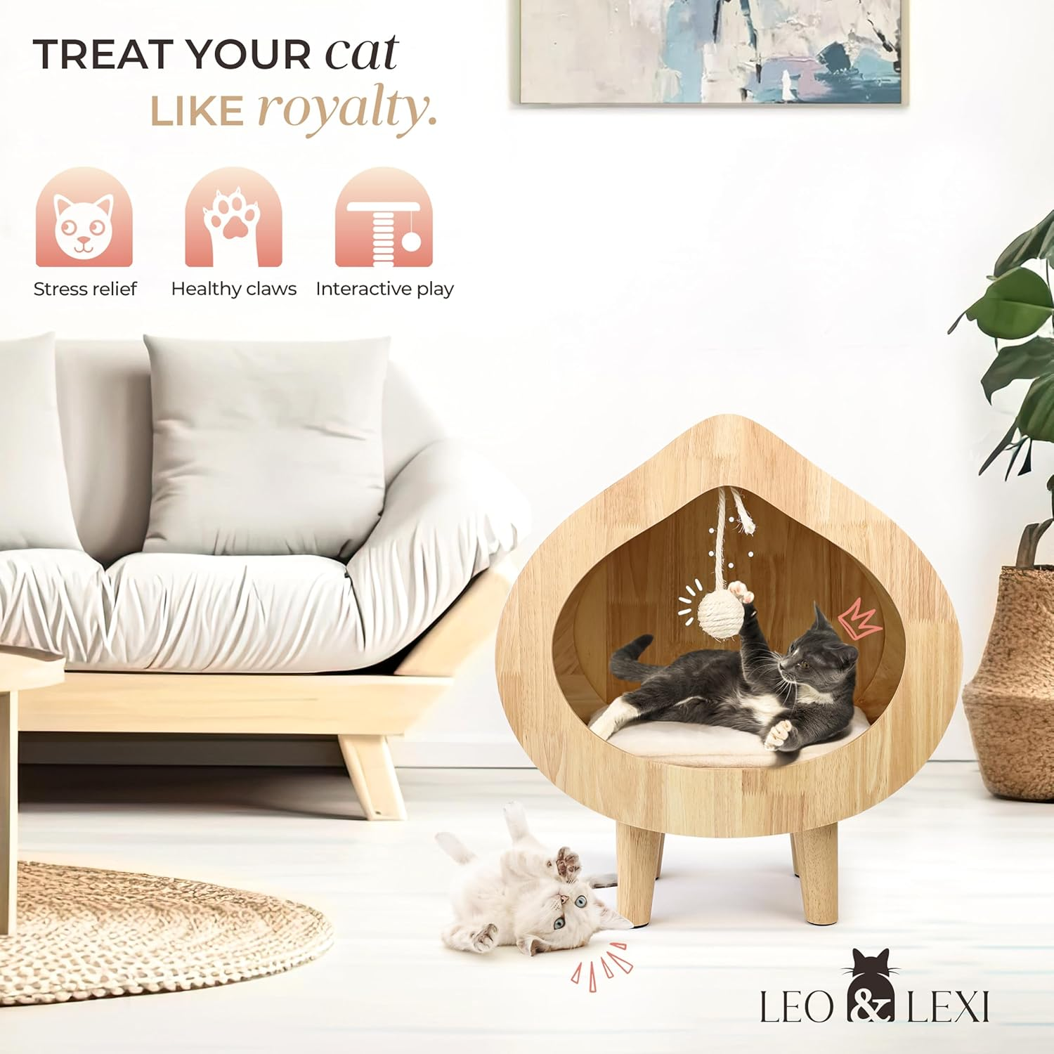 Unique Modern Cat Bed for Indoor Cats, House with Scratching Wall, Cozy Cave for Hideout, Cute Kitty Condo for Sleeping, Luxury Cat Beds & Furniture image number 2