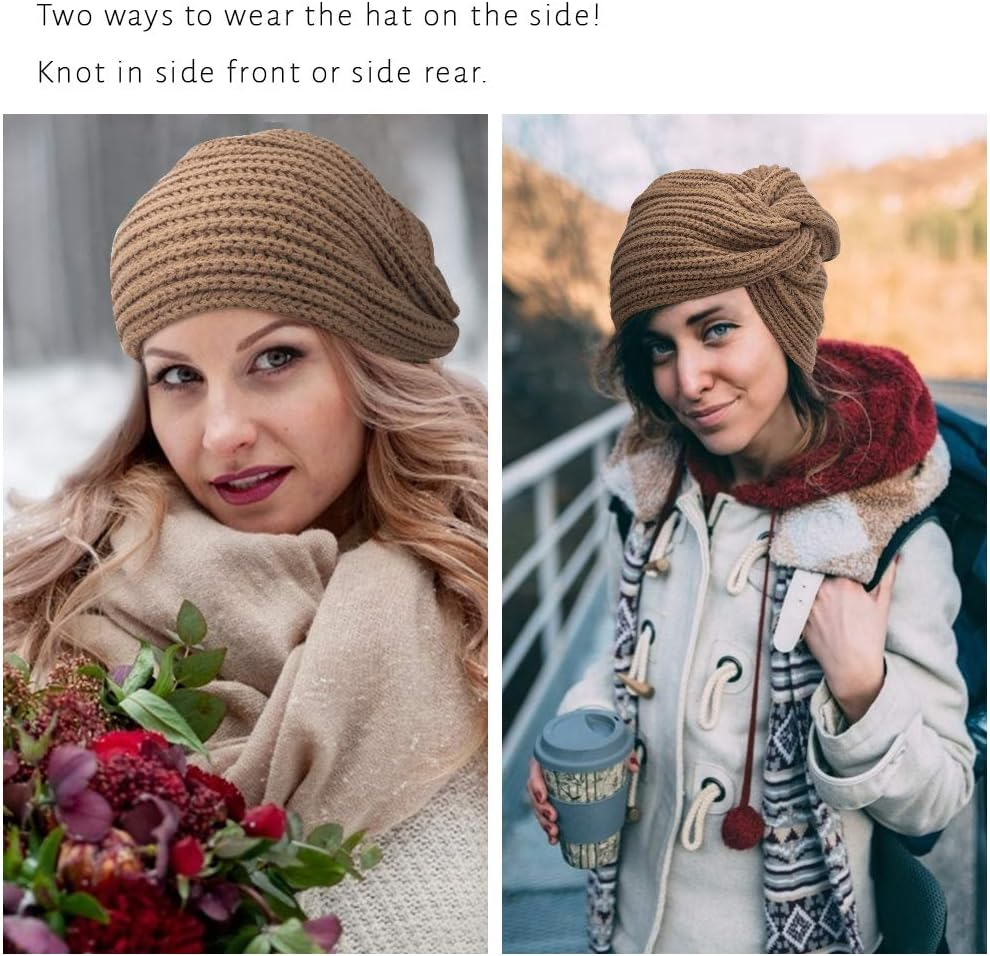 3Pcs Womens Winter Hats, Beanie Hat for Women, Knit Hat Slouchy Beanies Wool Hat, Warm Turban Hat Thick Chemo Caps for Cancer Patient, White Gray Brown, Buff, Grey, Coffee, One Size