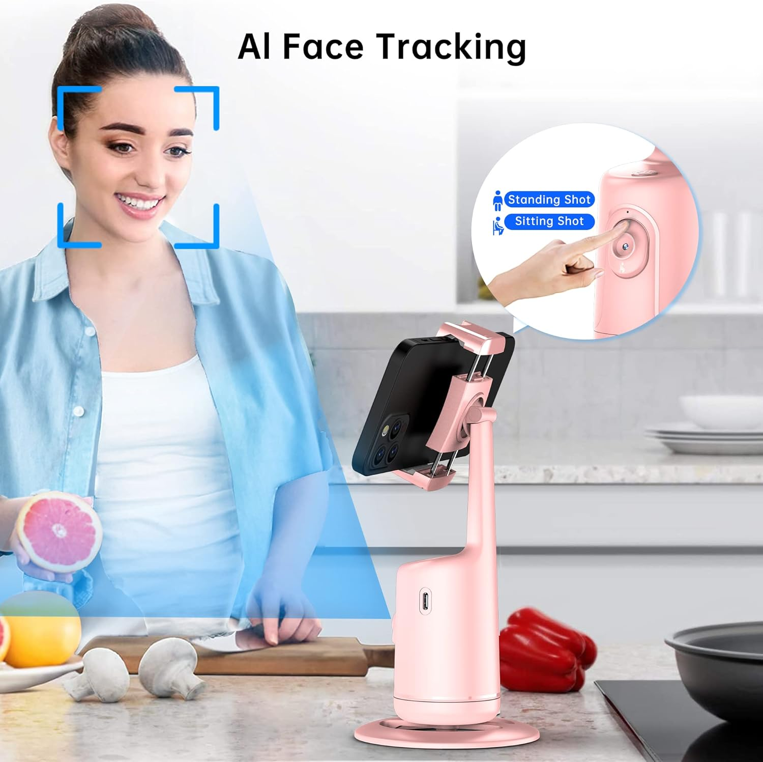 Auto Tracking Phone Holder, Auto Face Tracking Tripod, Portable All-In-One Smart Selfie Stick 360 Rotation Fast Face & Object Tracking Cameraman Robot Mount for Phone Video Vlog Live Streaming(Pink) - Pink image number 3