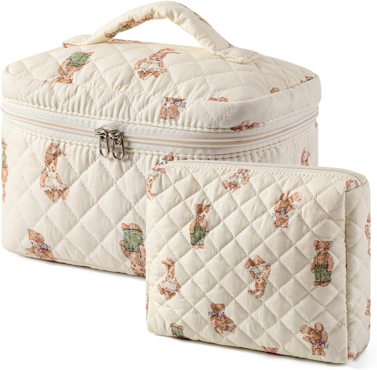 Uekeboag 2 Pcs Large Floral Quilted Makeup Bag Set for Women, Cotton Quilted Big Cosmetic Bag, Coquette Aesthetic Cute Travel Toiletry Bag, 01White Bear