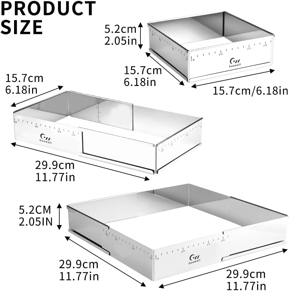 Guowall 15-29Cm Square Cake Ring Mould Adjustable Stainless Steel Mousse Ring Extensible Nonstick Cake Cutter for Baking image number 2