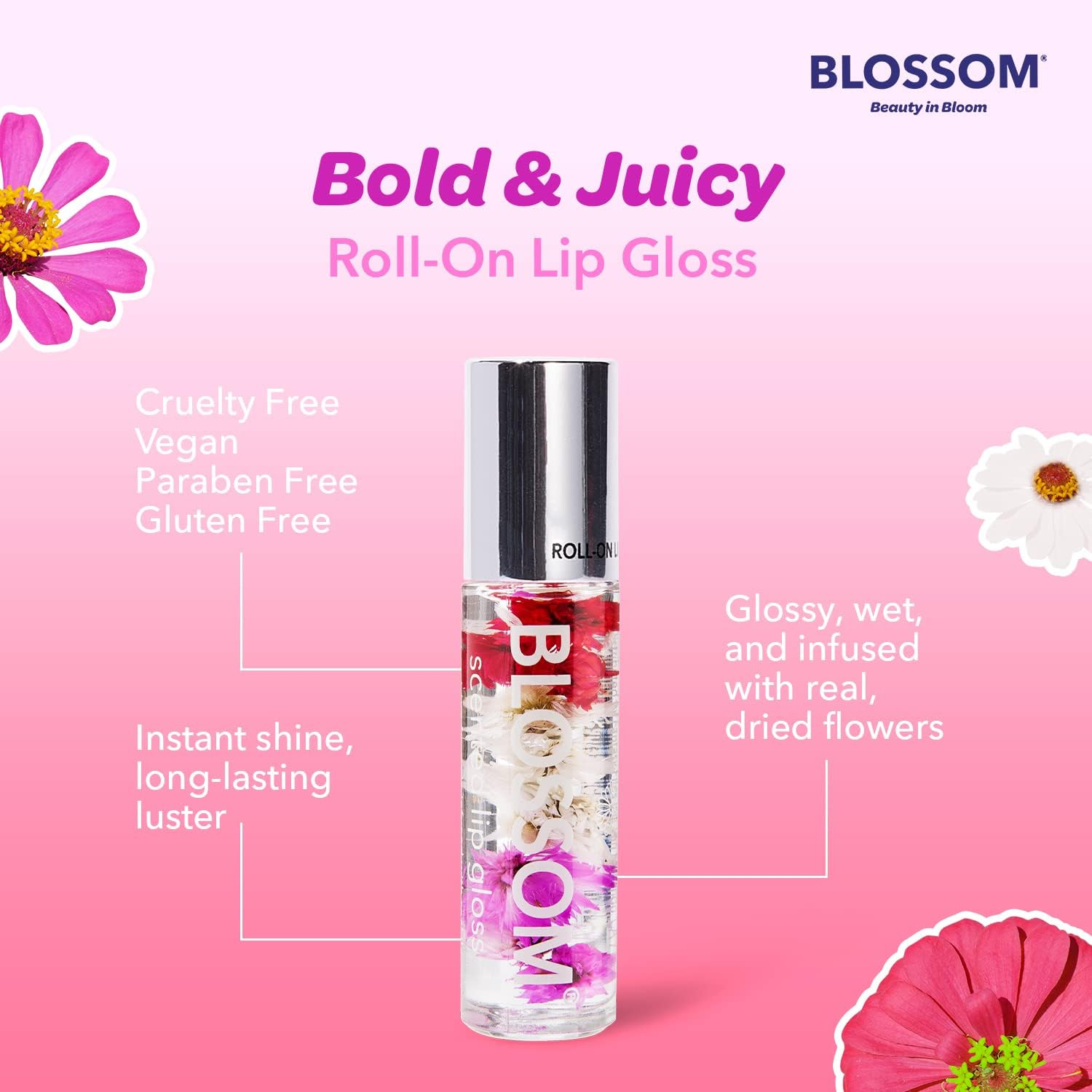 Blossom Roll on Lip Gloss, Scented Clear High Shine Moisturizing Lip Oil, Non Sticky, Infused with Real Flowers, Made in USA, 0.2Oz, Strawberry image number 3