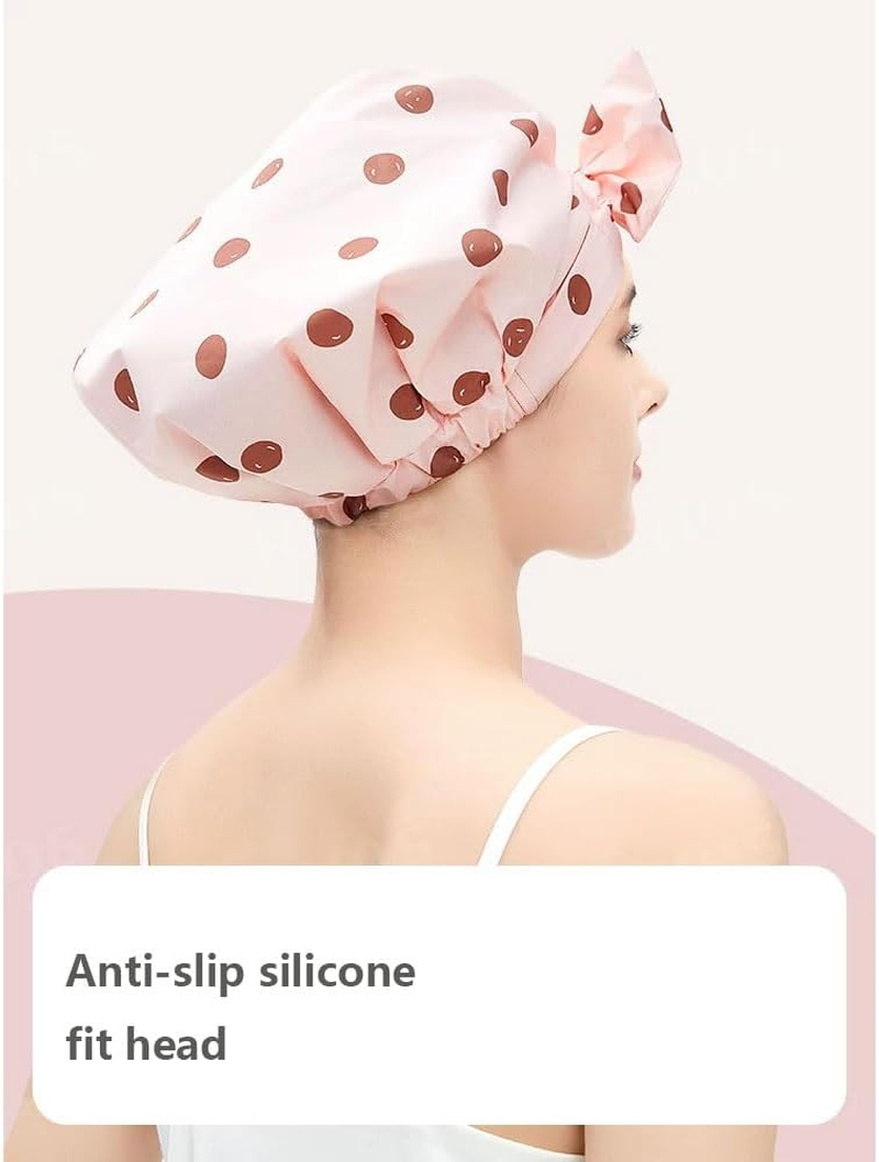 YHIXYUNAZ Luxury Waterproof Shower Cap &ndash; Extra Large Reusable Bath Cap for Women, Non-Slip Soft Elastic Band, Travel-Friendly Hair Protector (Leaf) - Pink Dot image number 4