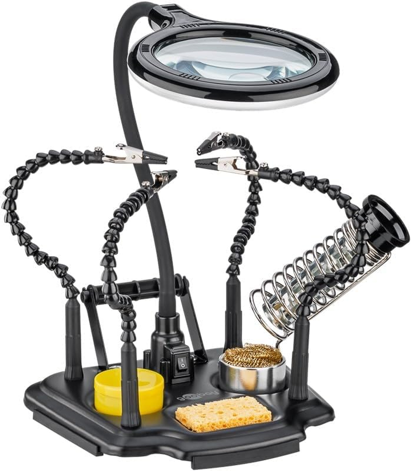 Goobay Soldering Aid Third Hand with Magnifying Light and Gooseneck Arms, Perfect for Precise Soldering Work and DIY Projects, USB-C&trade; LED for Soldering Station, 1.75X Magnification, Black 76558