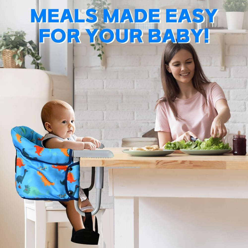 Hook-On High Chair with Adjustable Footrest,Portable, Foldable Baby Feeding Chair for Babies 6-36 Months, Quick Setup with Carry Bag,Table Chair for Travel & Home Use(Blue Dinosaur) - Blue Dinosaur image number 1