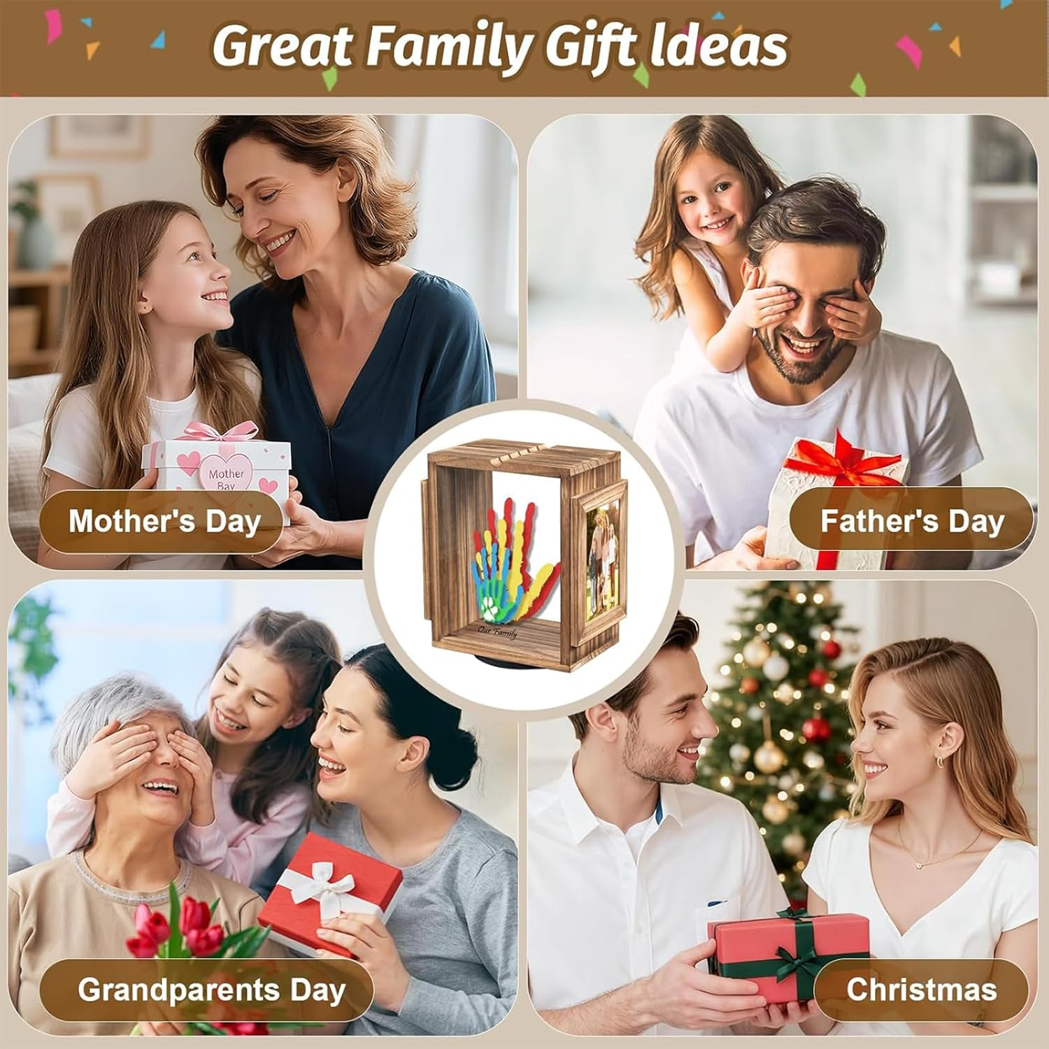 360 Rotating Family Handprint Kit, DIY Craft Keepsake for Baby Footprint Kit, Wooden Frame with 5 Paints Colors & Transparent Sheets, Gifts for Handprint Family Keepsake（Brown）