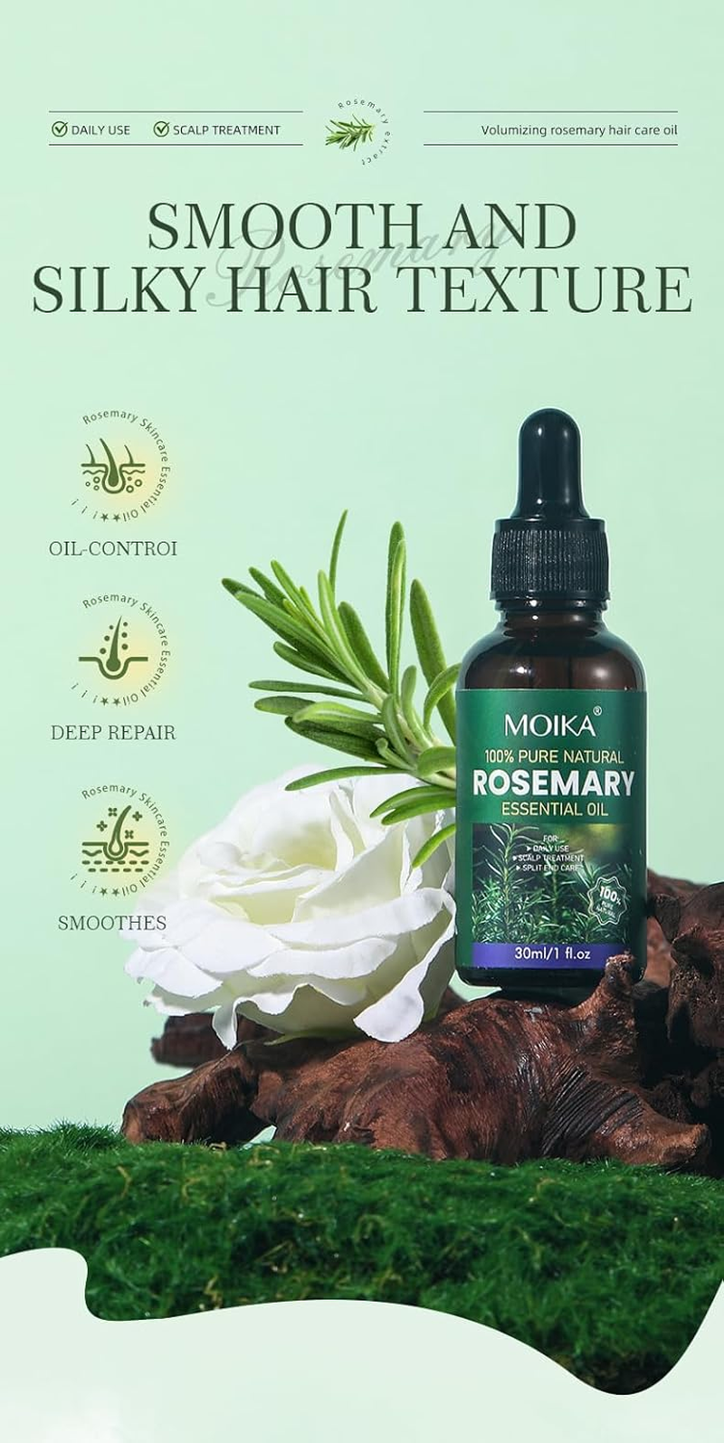 Rosemary Oil, 30Ml - Pure Natural Hair & Scalp Care, Lightweight Formula to Support Stronger Roots, Reduce Breakage & Nourish Lashes - Fast Absorbing for All Hair Types (MOIKA) image number 3
