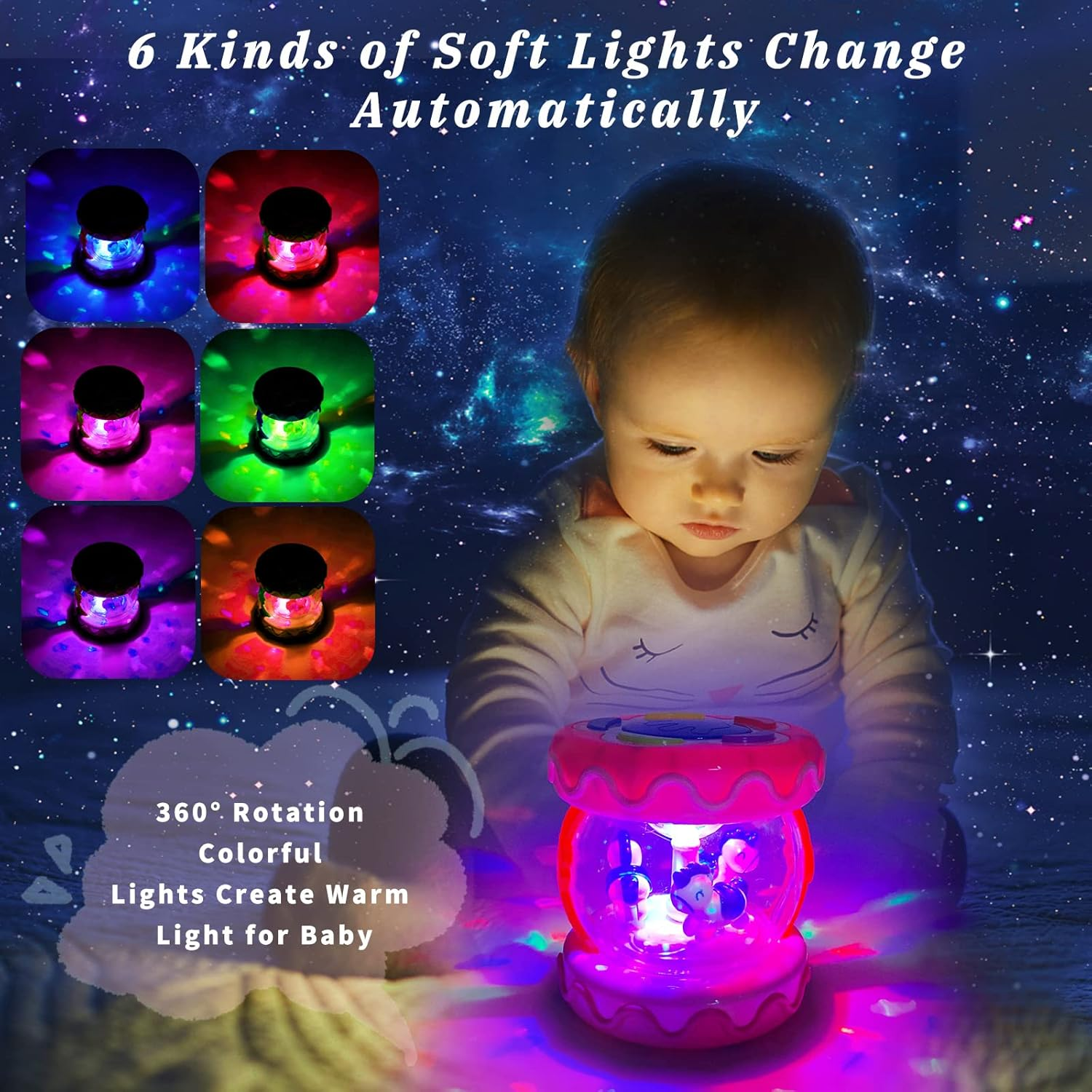 Fimeetoy Baby Toys for 18 Months+ Unicorn Carousel Rotating Projector Light up Toy with Music, Early Learning Musical Toy for Girls Boys (Pink)