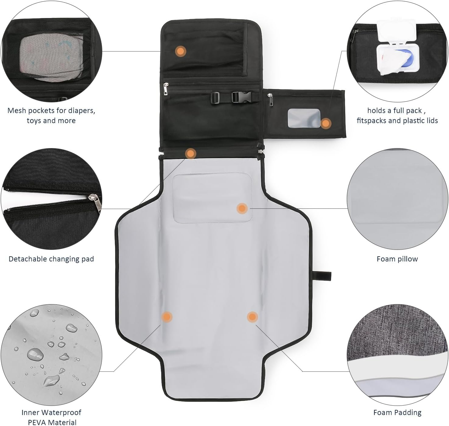 Bebamour Portable Nappy Changing Mats with Wipes Pocket Travel Baby Changing Pads with Head Cushion for Infants Waterproof Diaper Changing Pads Newborn Essentials, New Black image number 2