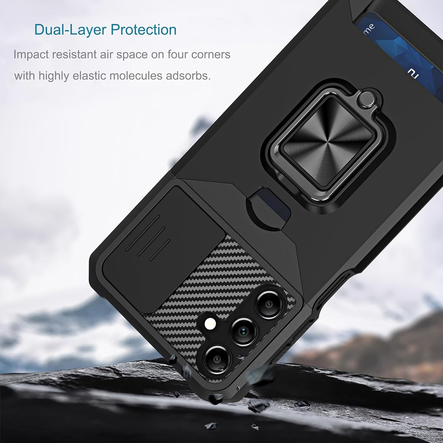 Rojarou for Samsung A17 Case with Card Holder,For Samsung Galaxy A17 Case with [Slide Camera Cover][360&deg; Rotate Ring Stand] Heavy Duty Protective Phone Case for A17 5G-Black image number 4