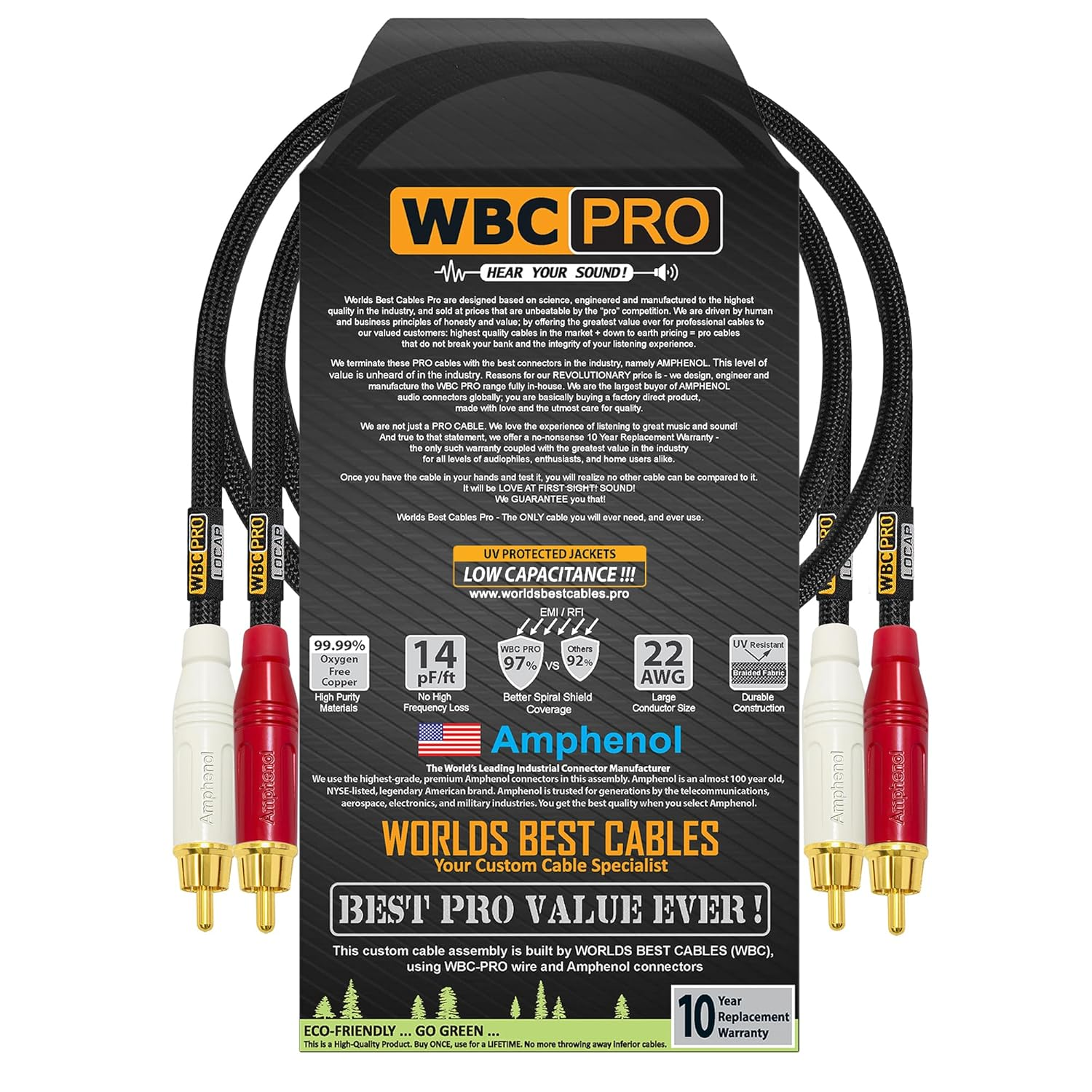 2 Foot RCA Cable Pair - WBC-PRO-LOCAP Low-Capacitance (14Pf/Ft) 22 AWG Ultra-Silent Audiophile & Professional-Grade Audio Interconnect Cable with Amphenol ACPR Gold RCA Plugs & Black Tweed Jacket image number 6