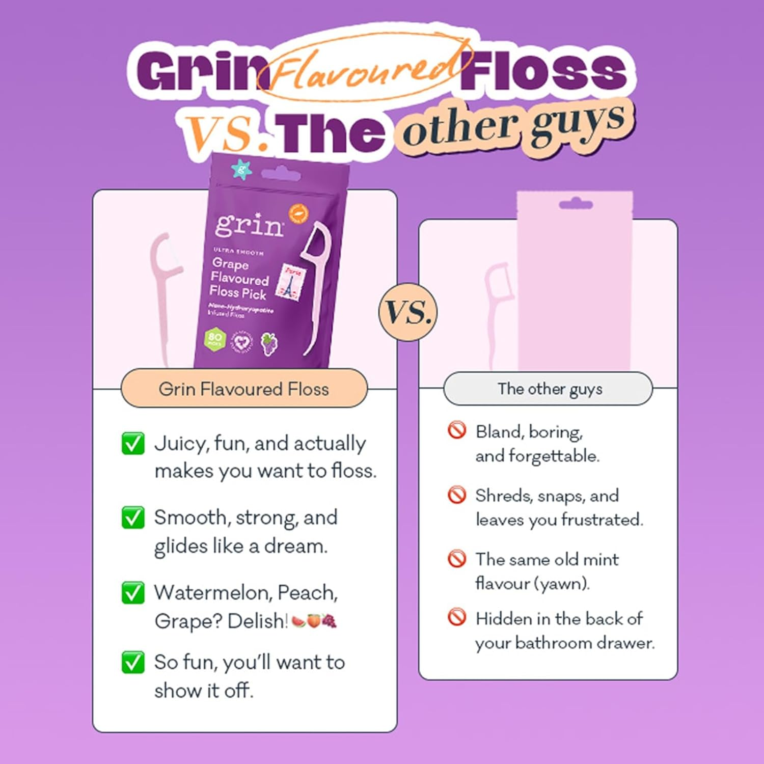 Grin Ultra Smooth Grape Flavoured Floss Picks, 80 Pack, Recycled Plastic Handle, Premium UHMW PE Floss, Nano-Hydroxyapatite Infused