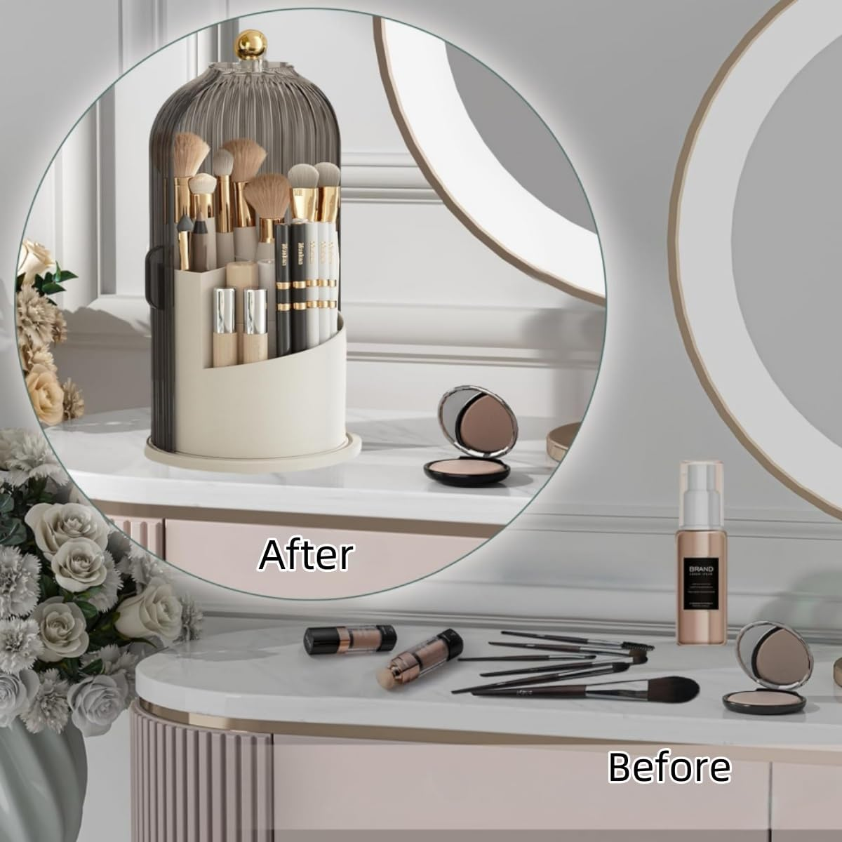 Makeup Brush Holder with Sliding Lid,360&deg; Rotating Dustproof Makeup Organizer, Concealed Toothbrush Holder,Waterproof Dustproof Holder for Toothbrush Toothpaste Cosmetics