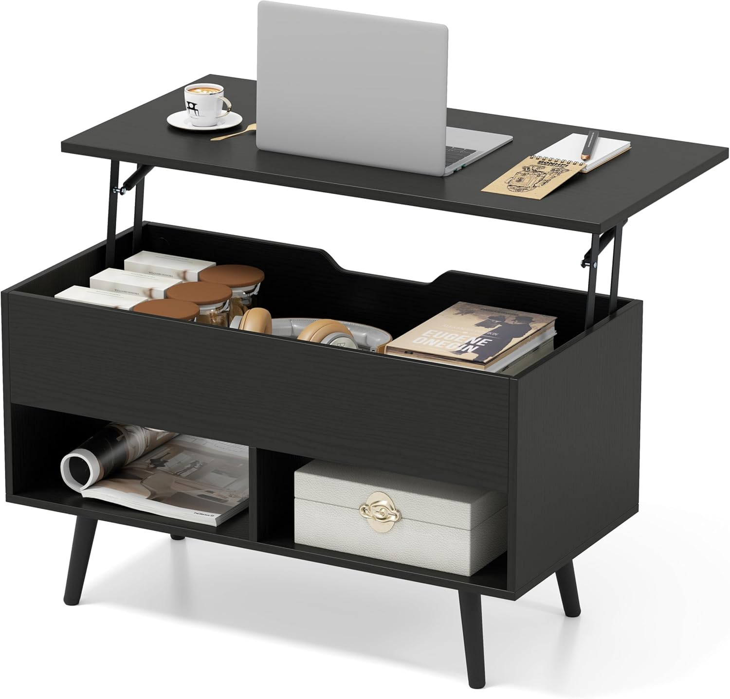 Giantex Lift Top Coffee Table, Wooden Lift Top Dining Table W/Hidden Storage Compartment & 2 Storage Shelves, Raisable Top Coffee Table for Living Room, Study, Office, Meeting Room (Black)