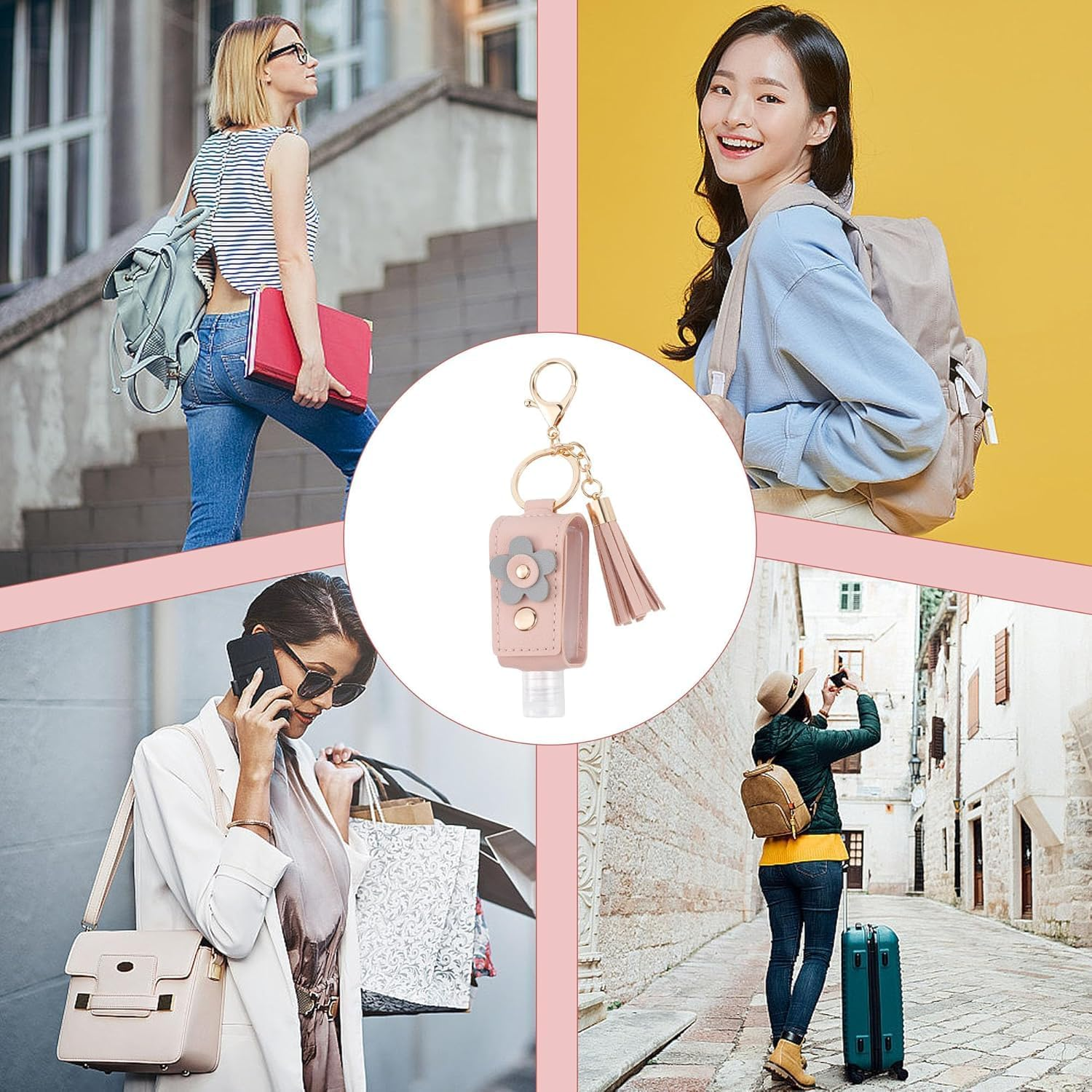 4Pcs Hand Sanitizer Keychain, Portable Leather Empty Bottles, 30Ml Squeeze Bottle Refillable Containers, Cute Hand Sanitizer for Toiletry Lotion Liquid Soap Shampoo (Pink, Blue, Purple, Yellow) image number 4