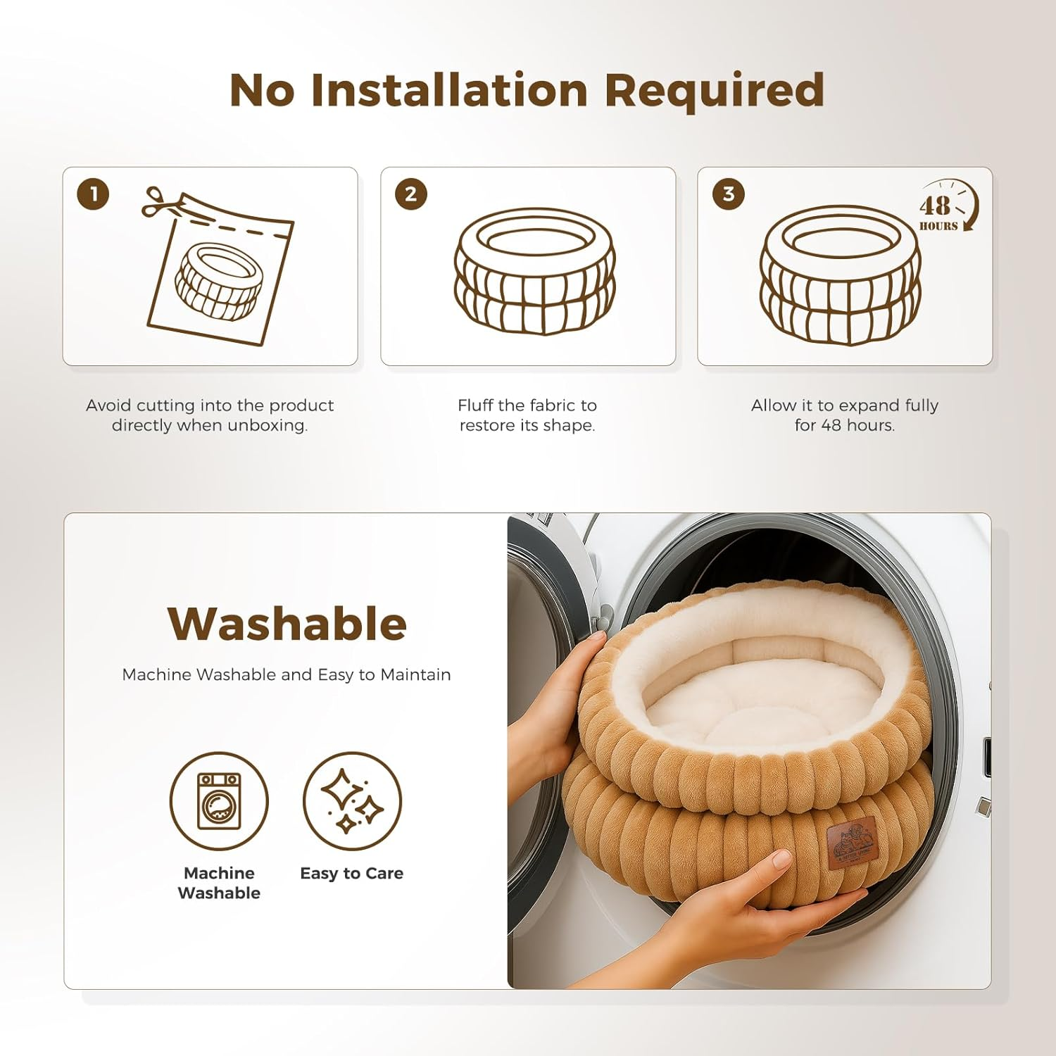 PAWZ Road Washable Cat Bed, Small Dogs, Round, Fluffy Cat Cushion, Cat Sleeping Place Bed, Cat Basket, Brown, 51 X 51 X 20 Cm image number 1