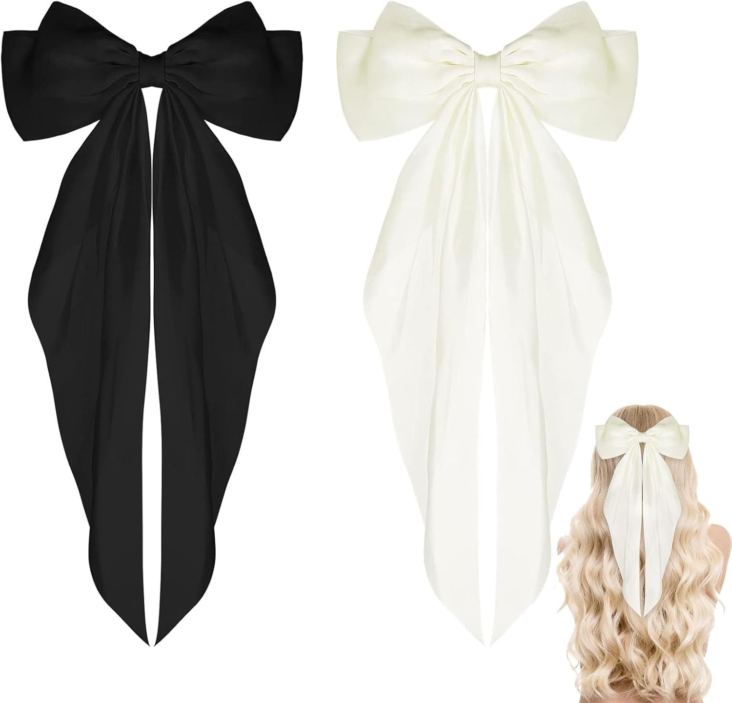 Hair Clips, 2 Pieces with Large Bow, Soft Silky Satin Hair Clip, Long Tail, French Ribbon Hair Pins, 90S Bowknot Clips for Party, Christmas, Women (Black + Beige) image number 2