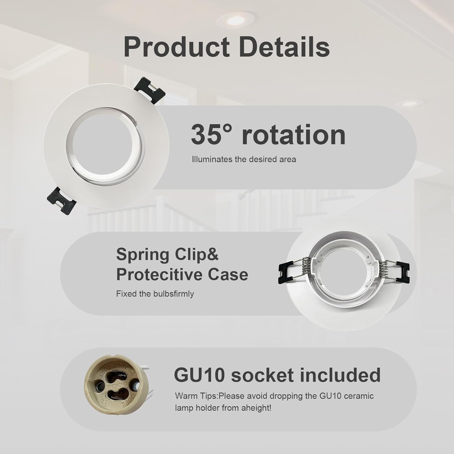 GY 12 LED Recessed Spotlights with GU10 Socket, LED GU10 Mounting Frame Ceiling Spot White round for MR16 LED or Halogen Bulbs, 35&deg; Swivel, Diameter 75 X 100 Mm Large Hole Diameter, Bulb Not Included image number 2