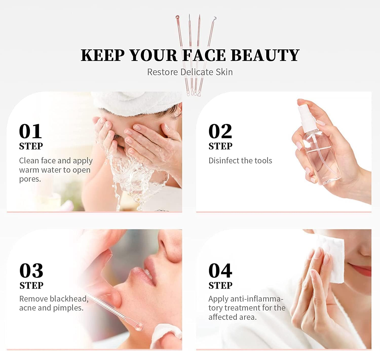 Ducare Blackhead Remover Comedone Extractor Acne Removal Kit for Blemish, 4Pcs Professional Pimple Popper Tool Kit, Stainless Steel (Gold) image number 4