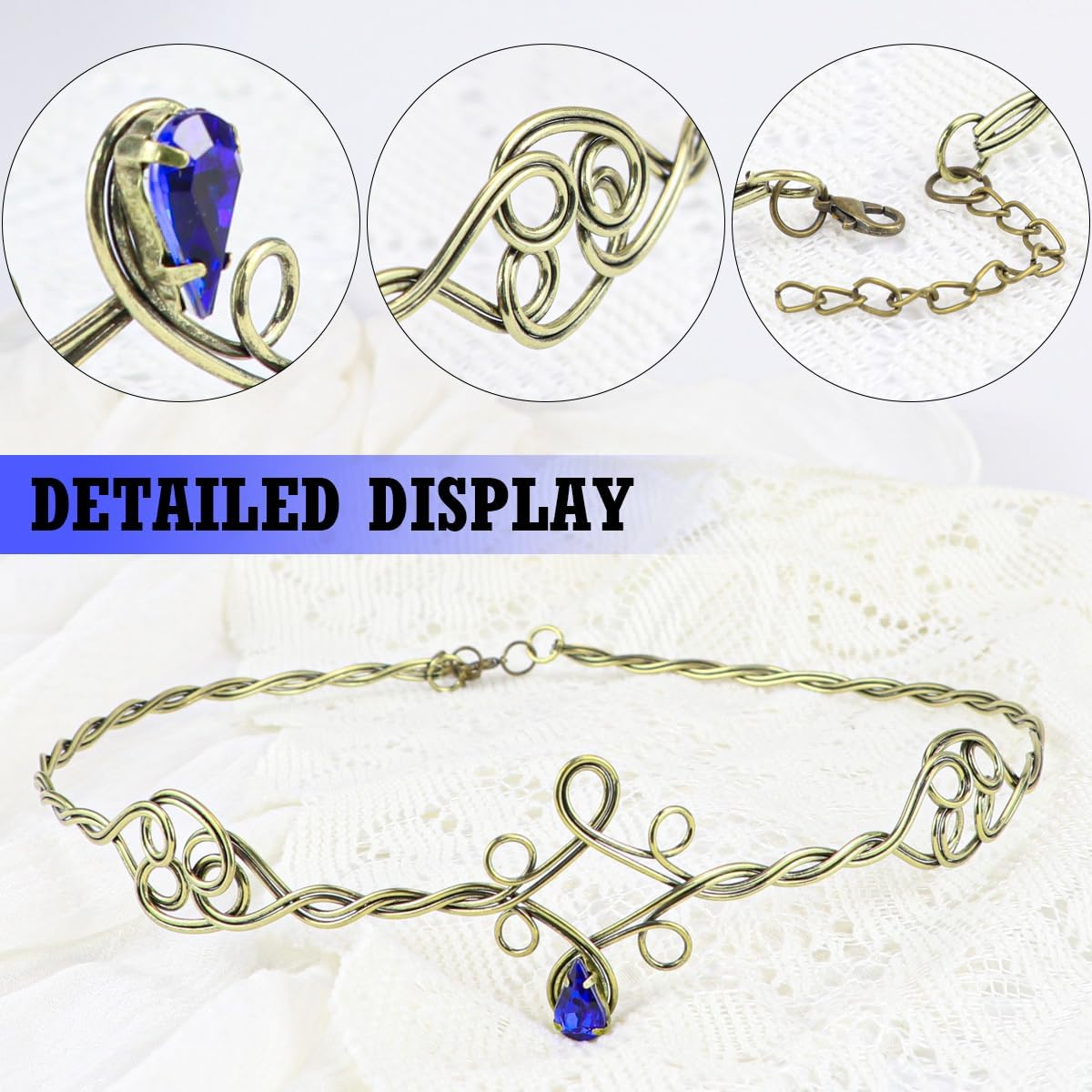 ZJIVQO Forehead Head Band Iron Circlet for Women Woven Forehead Band Crystals Tiaras Hair Band Gold Hair Hoop with Jewels Crystal Rhinestone Wedding Head Band Princess Crown Headband Tiara （Blue）, image number 5