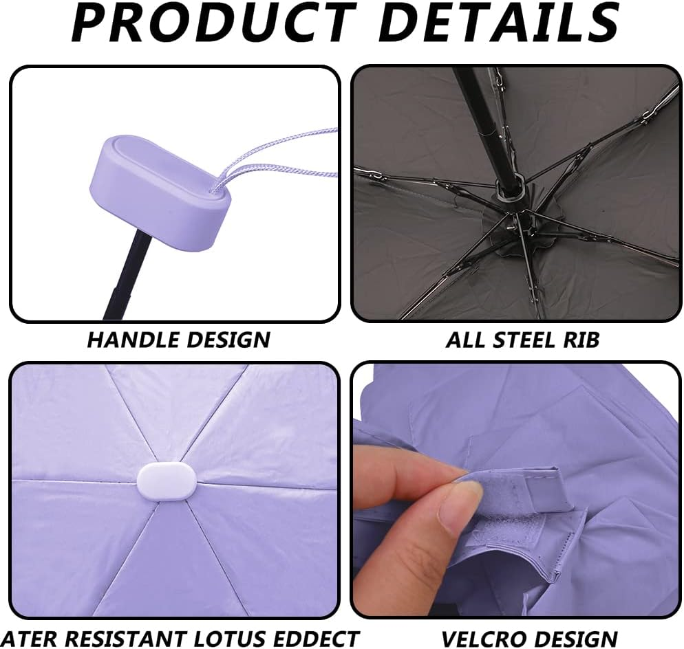 Travel Umbrella,6 Ribs Mini Travel Umbrella Strong Umbrella Folding Sun Umbrella Windproof Rain Umbrella Lightweight Small Compact Women Umbrellas Small Anti-Uv Umbrella for Sun Rain 90X53Cm image number 4