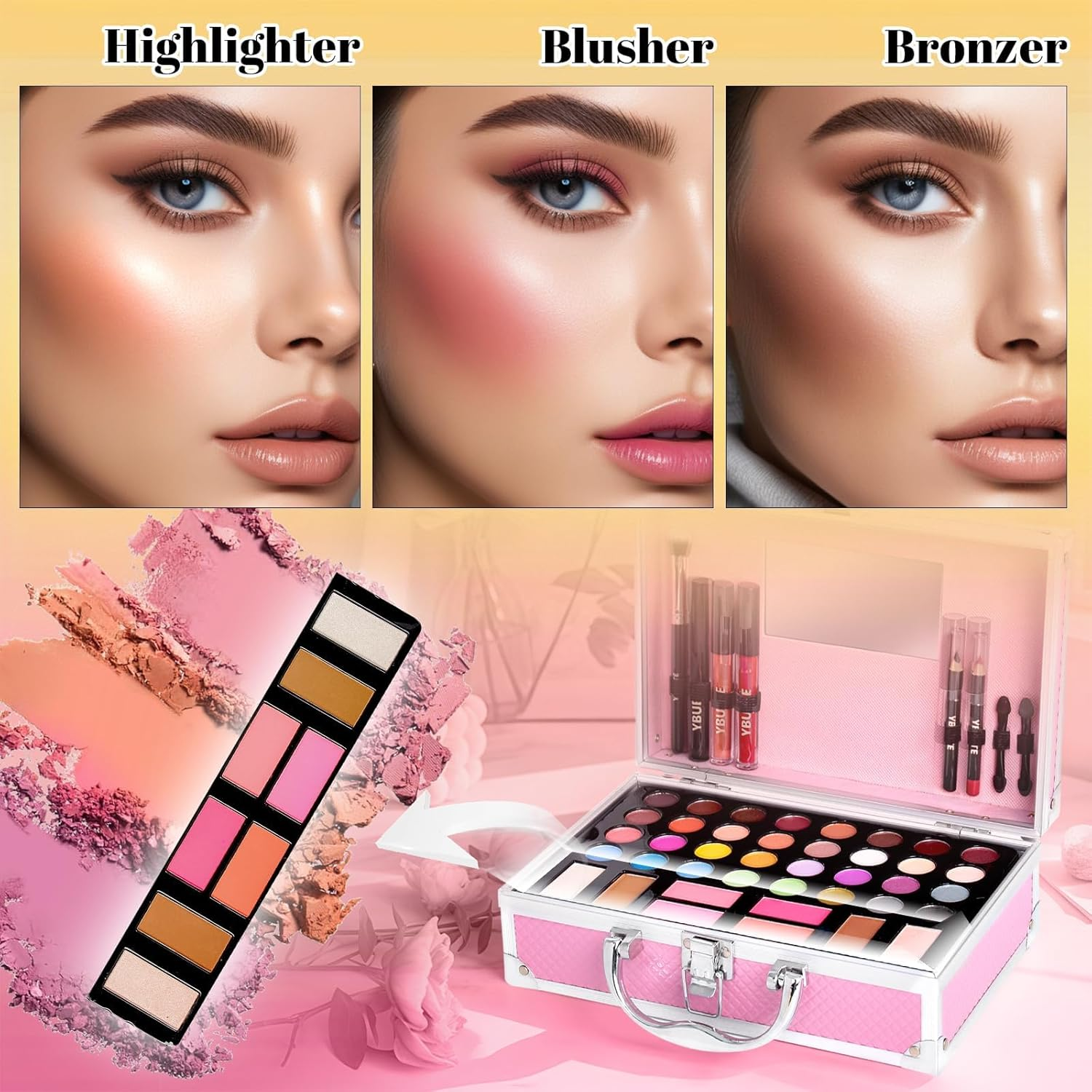 Beginner Makeup Kit for Teen,Makeup Set for Girl Women,Beginner Makeup Kit with Cosmetic Train Case Included 32 Colors Eyeshadow Blush Contour Lip Gloss Lip Liner Mascara Eyeliner Mirror - (Pink) image number 6