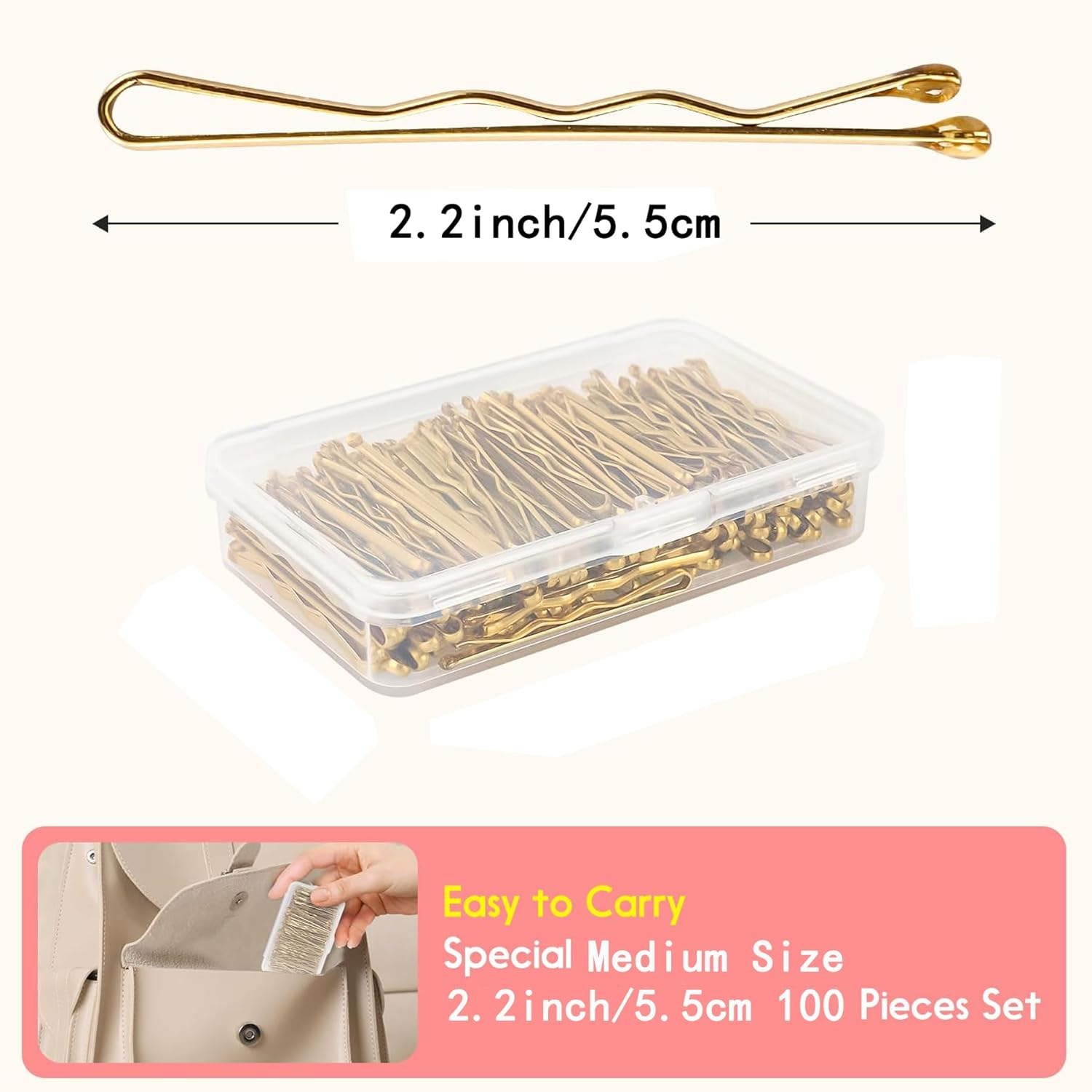 100 Pcs Bobby Pins Blonde, 2.2Inch Medium Wavy Gold Hair Pins, All Hairstyles Strong Grip and Pain Free Pins for Girls Women with Storage Box