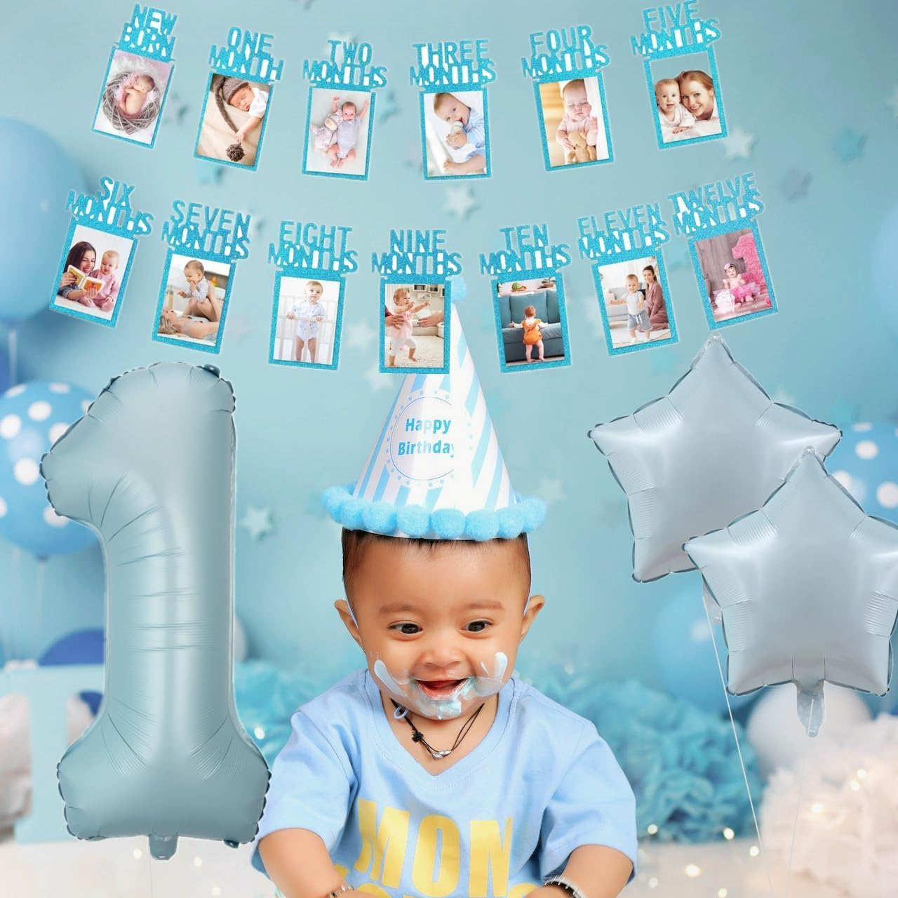 1St Birthday Baby Photo Banner for Newborn to 12 Months, Monthly Milestone Photograph Bunting Garland, First Birthday Celebration Decoration (Blue) image number 3