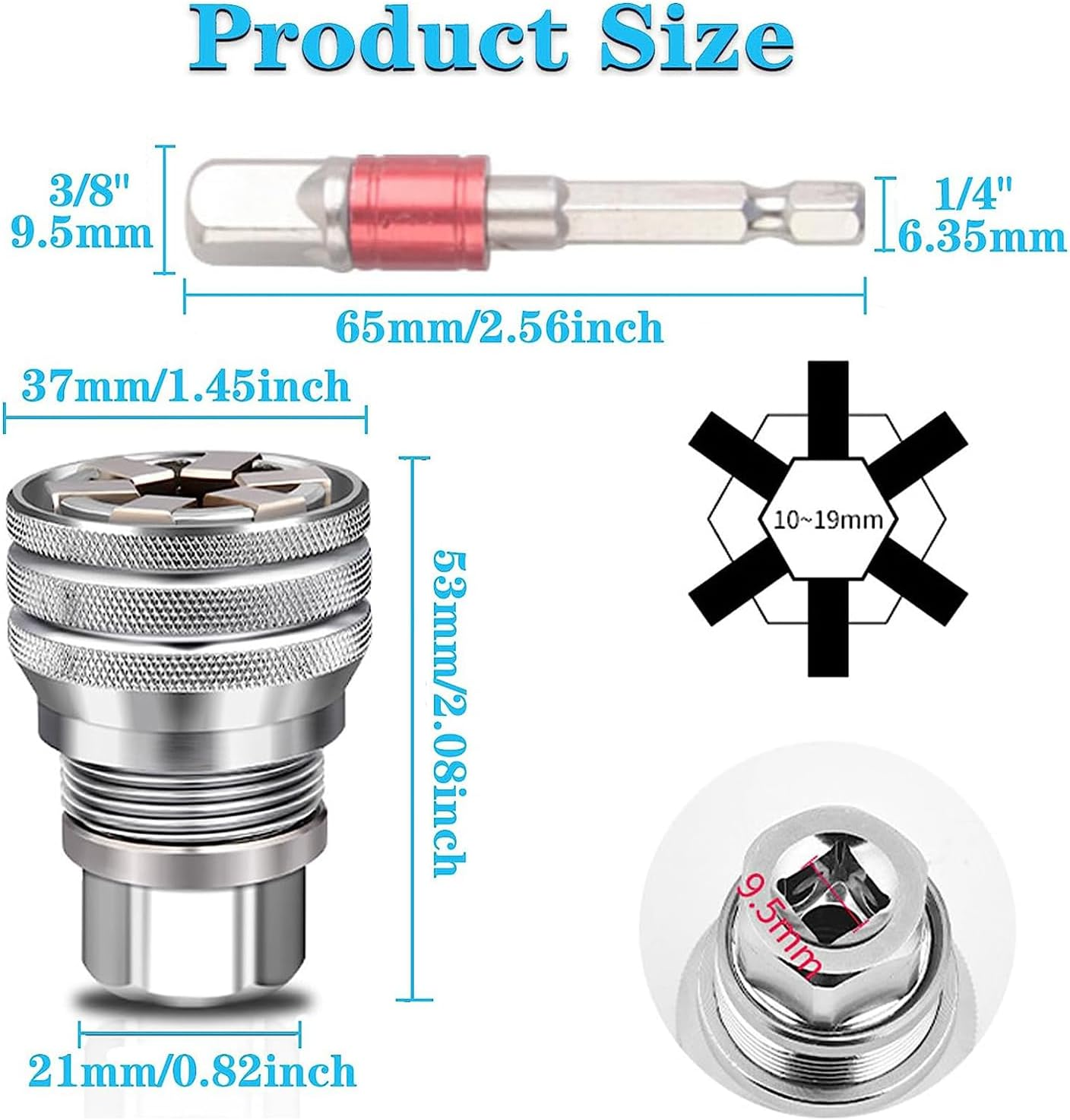 YUENTOEN Adjustable Universal Socket Wrench, Multi-Functional Magic Sleeve Universal Maintenance Tool, 10Mm-19Mm Universal Sockets Tools for 3/8" Drive Ratchet Torque Wrench and Power Drill image number 6