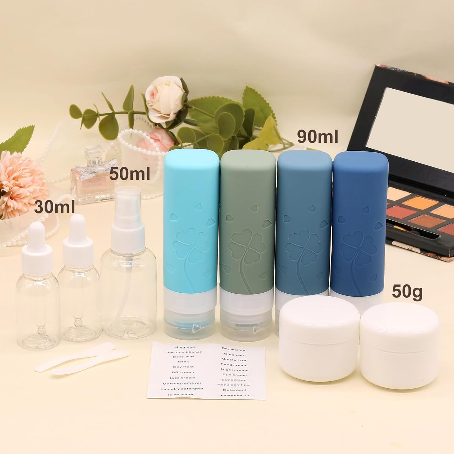 Travel Bottles Set for Toiletries, TSA Approved Travel Size Containers with Cream Jars, Airplane Travel Essentials Leak Proof Silicone Travel Bottles for Shampoo Conditioner Lotion Cream