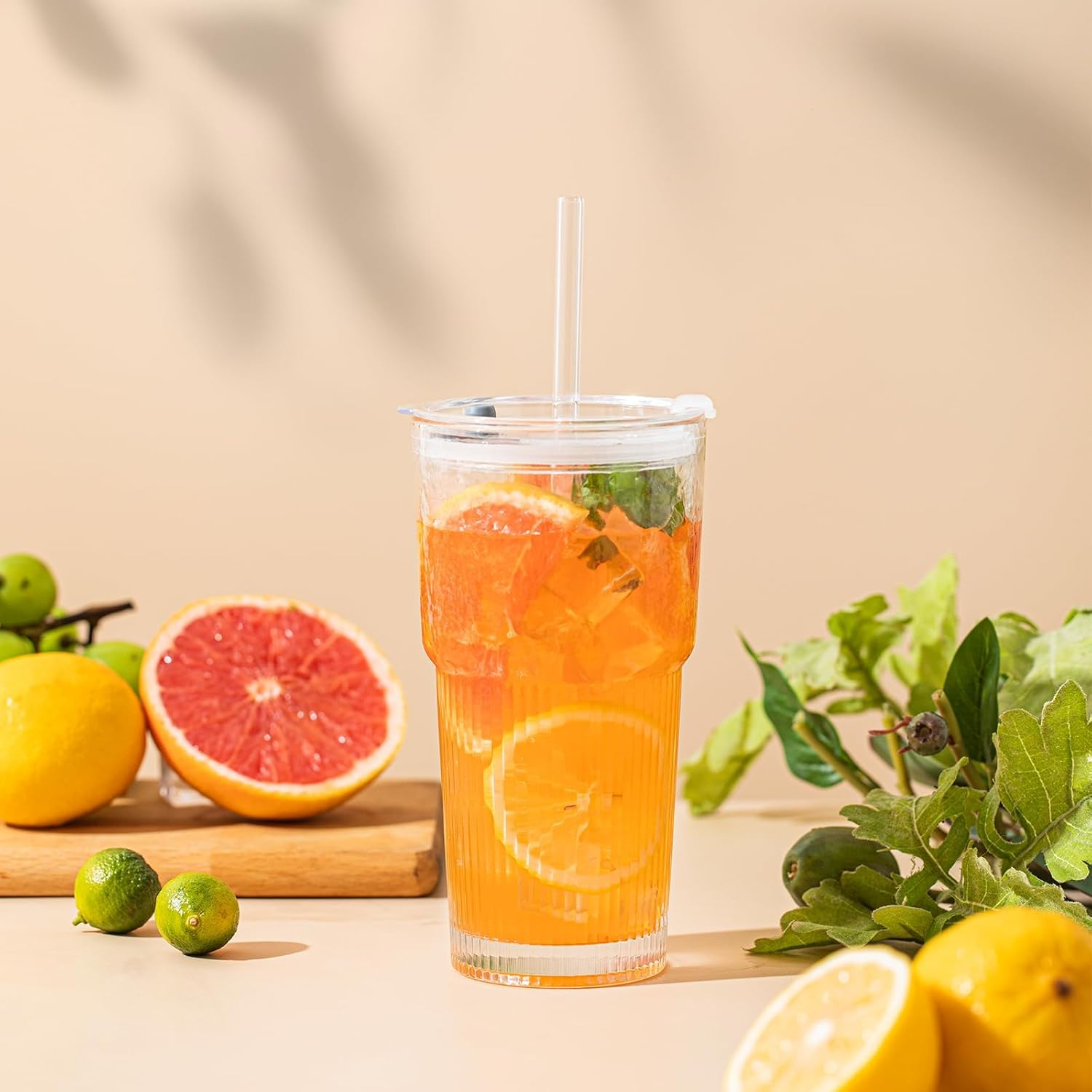 600Ml Glass Drinking Cups with Lids and Straws, Set of 2, Stylish Ribbed Design Drinking Glasses for Iced Coffee, Cold Beverages (2) image number 1