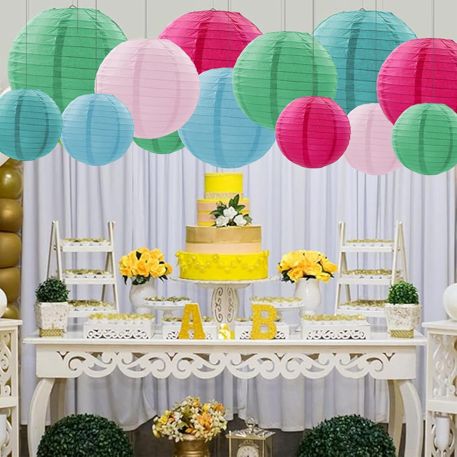 12 Pcs Paper Lanterns Decorations, Multiple Colors Hanging Paper Lantern, Circular Papeies Lanterns for Outside, Party Decorations for Wedding Birthday Baby Shower Party Home Decor, 3 Sizes image number 1