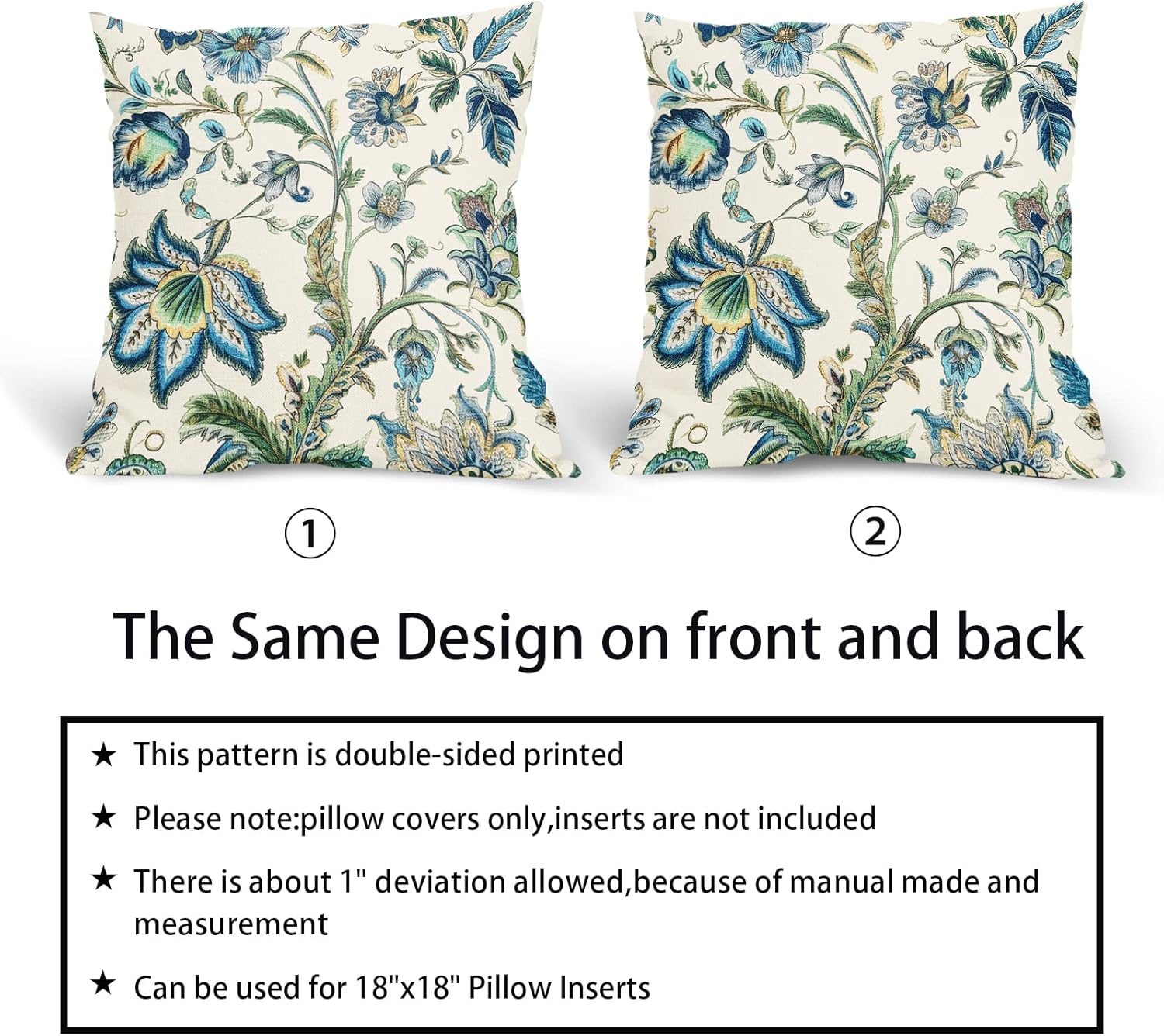 Sweetshow Chinoiserie Outdoor Pillow Covers 16X16 Inch Pack of 2 Boho Blue Floral Pillow Covers Vintage Farmhouse Outdoor Pillowcase Square Linen Cushion Cover for Bedroom Sofa Couch Home Decor image number 6
