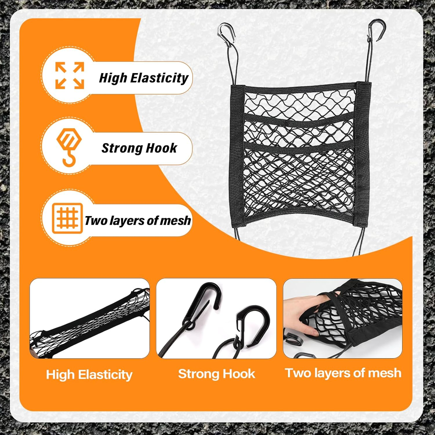 Viiotu 3 Layer Purse Holder for Car, Seat Back Net Bag, Universal for Cars, SUV &Sedan, Durable Car Organisation for Safe Driving with Children Pets (Large) image number 3