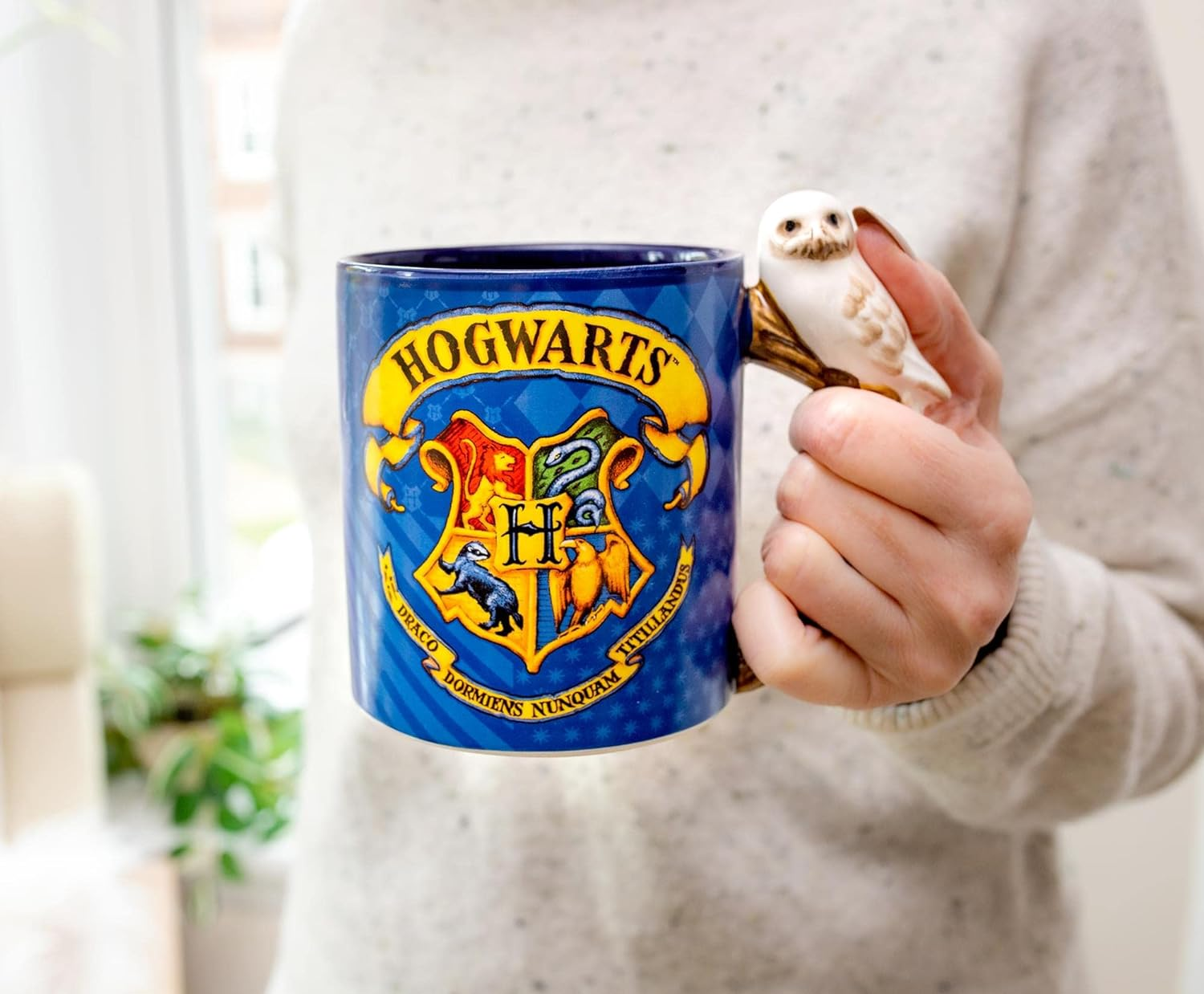 Silver Buffalo Harry Potter Hogwarts House Crest Sculpted Owl Handle Coffee Ceramic Mug, 1 Count (Pack of 1), Blue image number 1