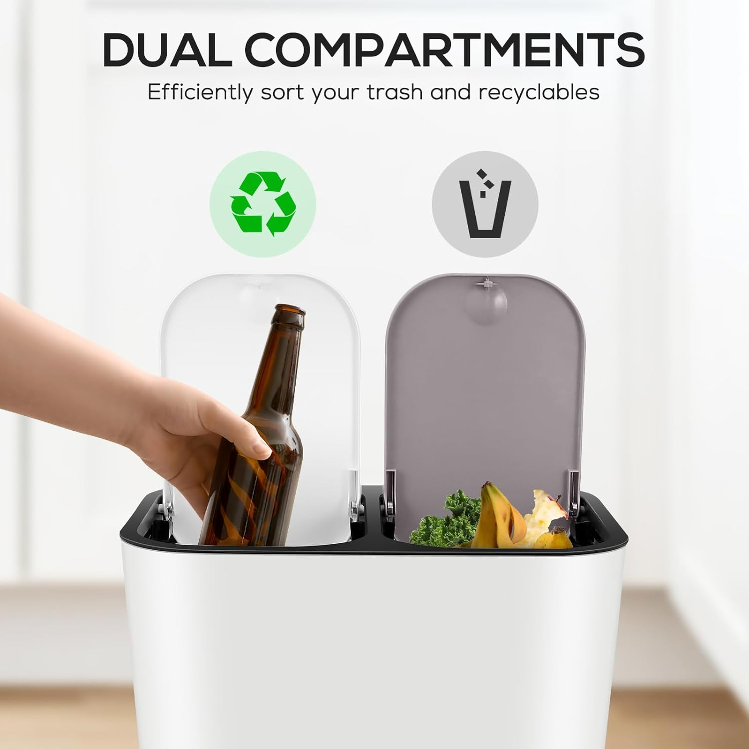 DECHOUS Dual Compartment Rubbish Bin with Pop up Lid 15L Kitchen Trash Can Recycling Garbage Bin for Home, Office, Living Room, Bedroom image number 2