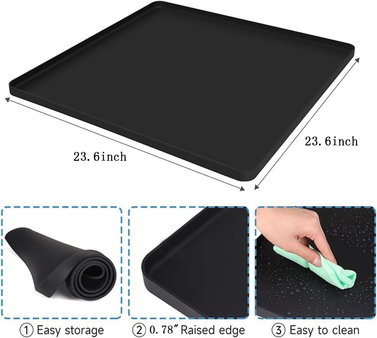 Silicone Fridge Mat with Raised Edges, 23.6"X23.6"X0.78" Mat for Refrigerator,Washing Machines, Refrigerators, Floor Protector Dryers Mat,Washing Machine Mat Mat for Dryer Mini Fridge (Black) image number 5