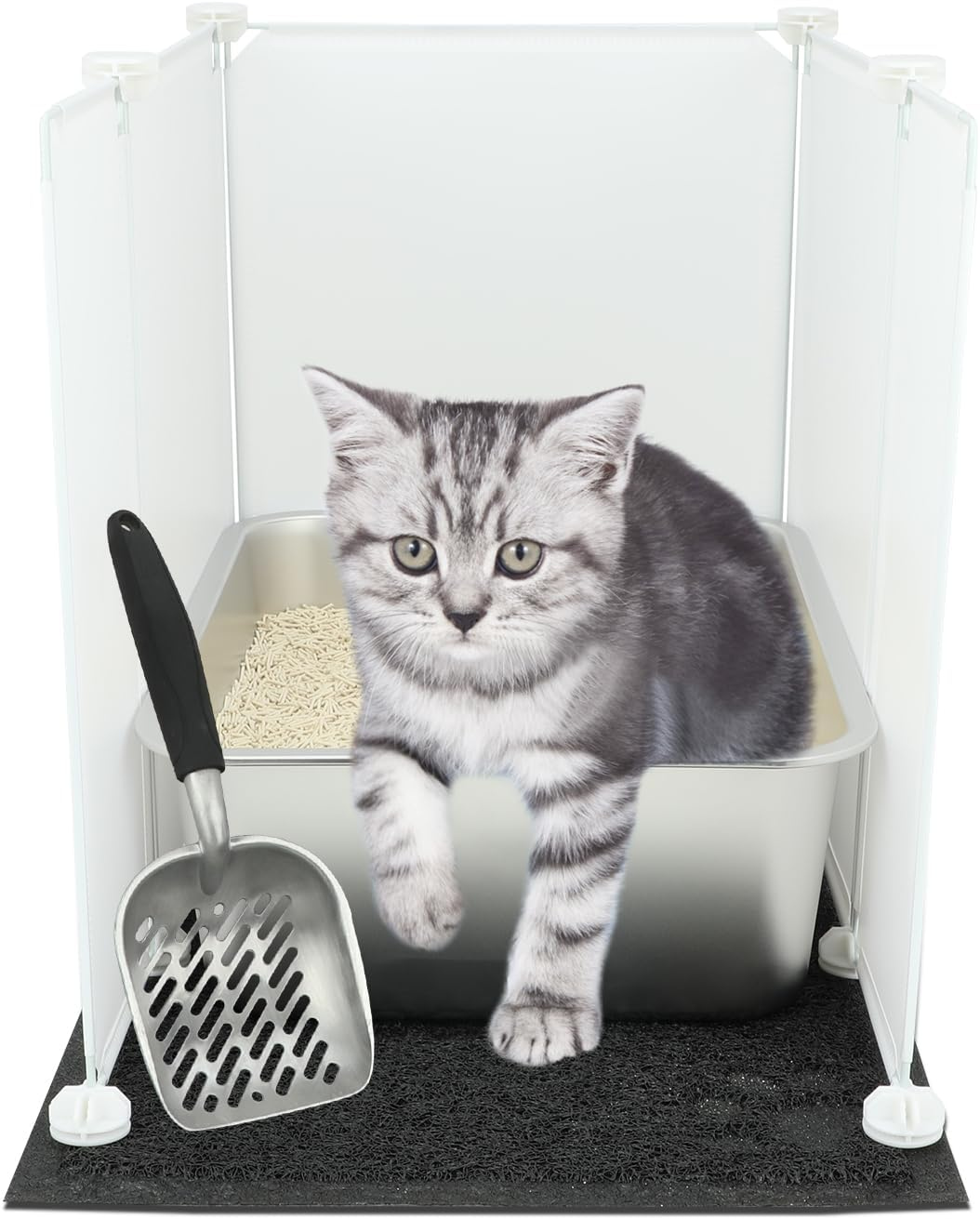 YUEPET 2 Sets Stainless Steel Cat Litter Box with High Sides, Durable Metal Cat Litter Basin Pan Easy to Clean Cat Litter Tray for Odor Control with Cat Litter Scoops Cat Litter Mats 17.5"X13.6"X6"