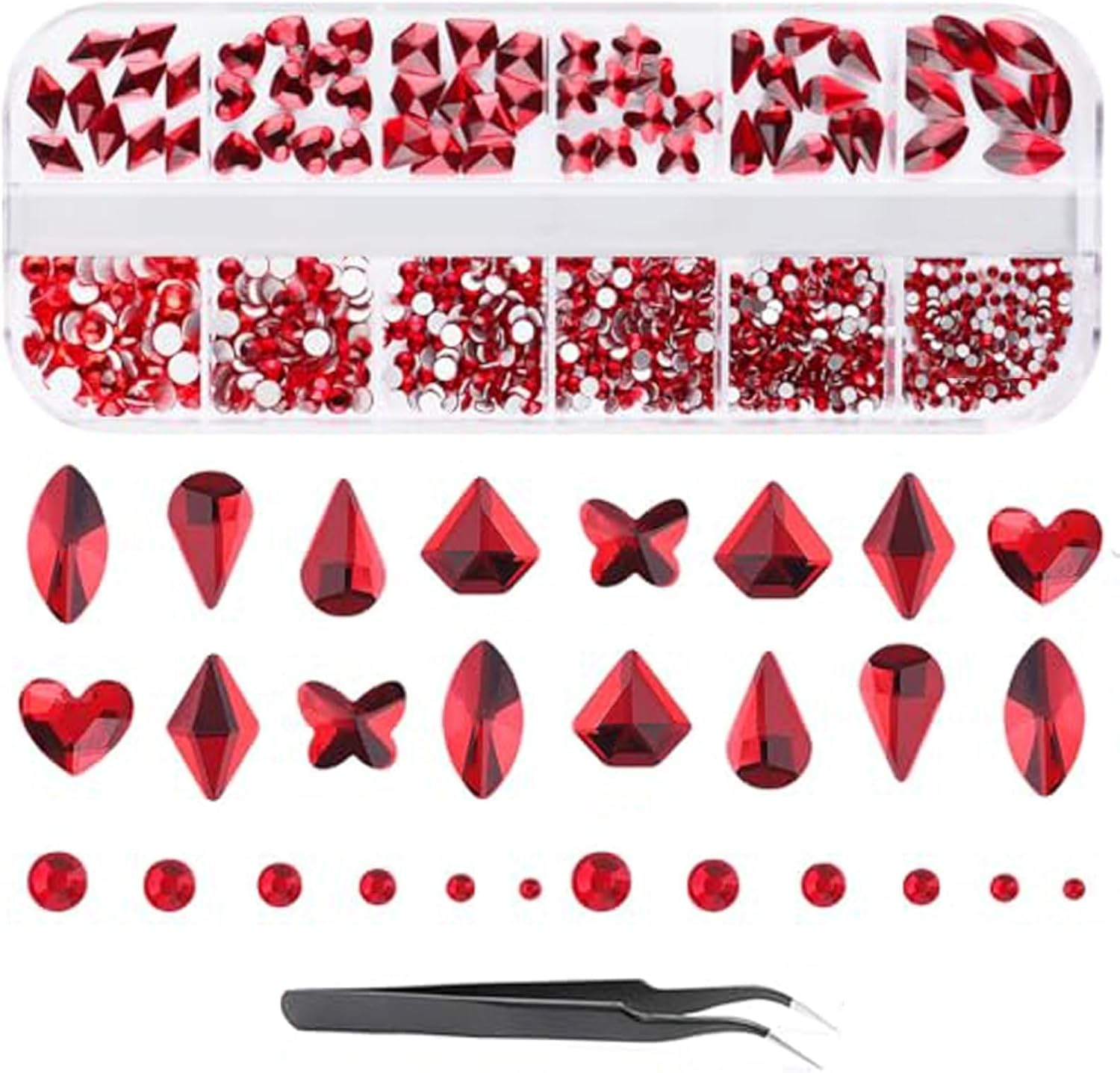 EBANKU Christmas Red Nail Rhinestones Hearts Butterfly round Shaped Nail Art Crystals Diamonds Flat Back Rhinestones 3D Diamond Stone Nail Gems with Tweezers for Halloween Christmas Valentine'S Day - Ab image number 7
