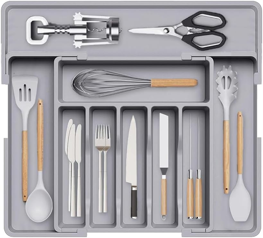 Wnddle Expandable Cutlery Tray for Drawers, Drawer Organiser, Cutlery Tray for Drawers, Adjustable Drawer Insert, Cutlery Tray, Kitchen Organiser, for Spoons/Forks (Grey)