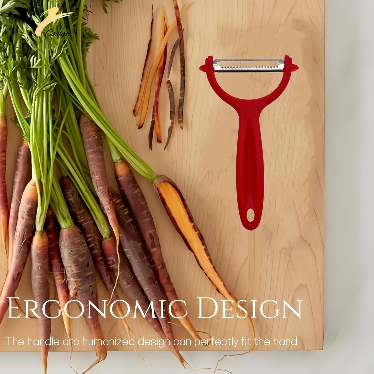 Castaic Stainless Steel Julienne Peeler for Peeling Vegetables and Fruits, Kitchen Accessories，Multifunction (Red-Serrated) image number 4