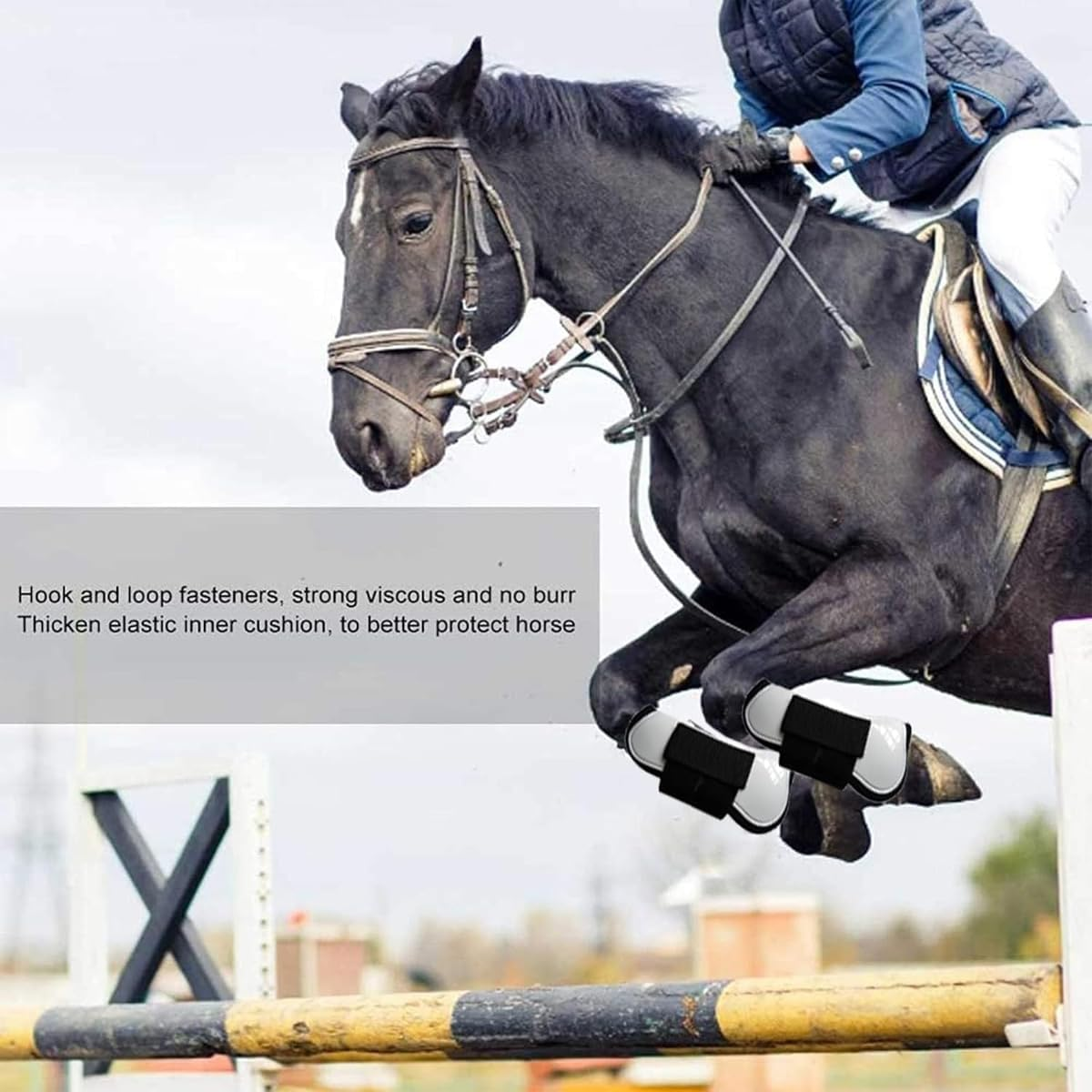 AIMALL Set of 4 Equestrian Horse Leg Protectors, Durable Dive Material with Velcro Straps, Enhanced Joint Protection, Blue, Size Large - Black image number 4