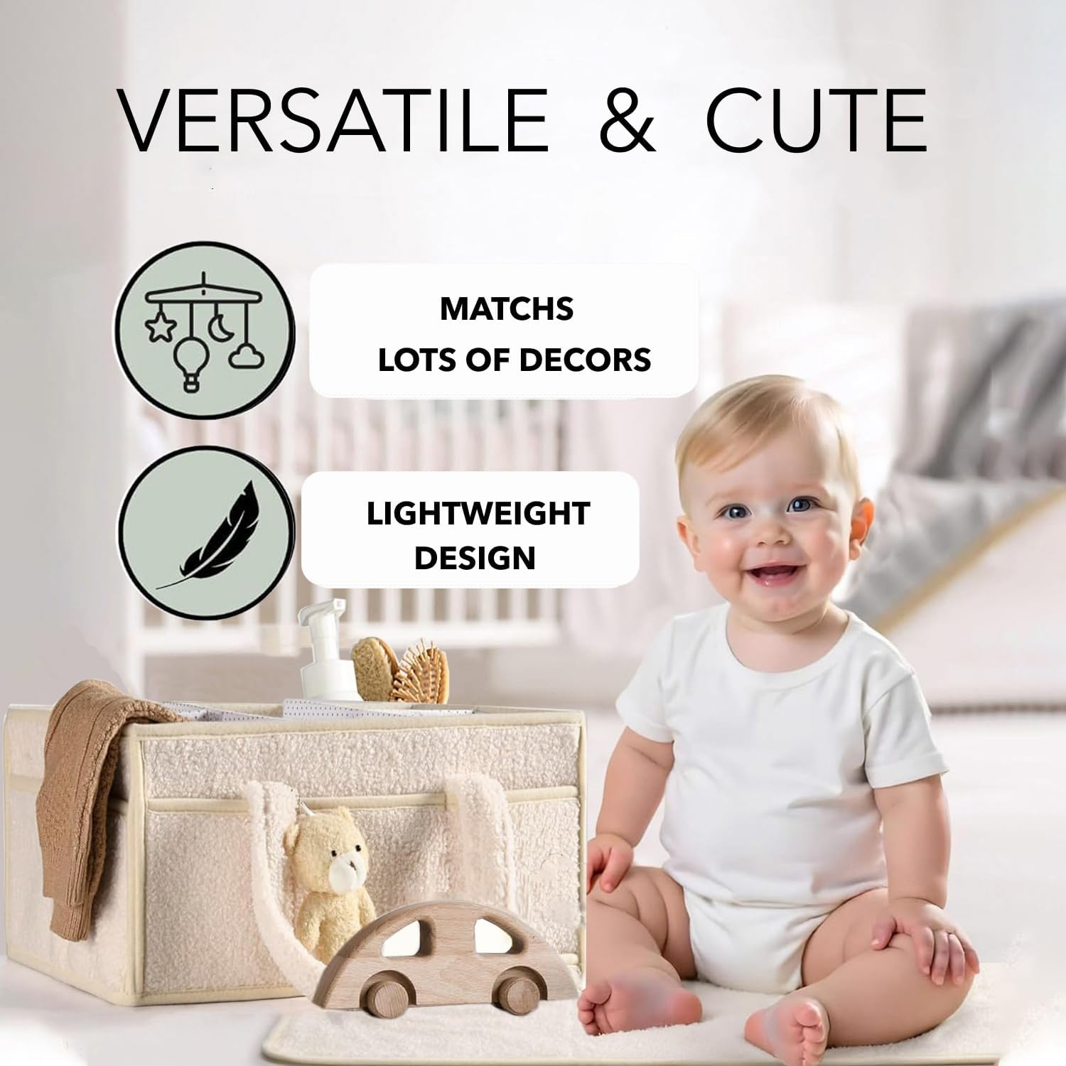 HJB VISSO Baby Diaper Caddy Organizer, Nappy Caddy Storage Basket for Wipes, Portable Nursery Diaper Organizer (Ivory White) image number 6