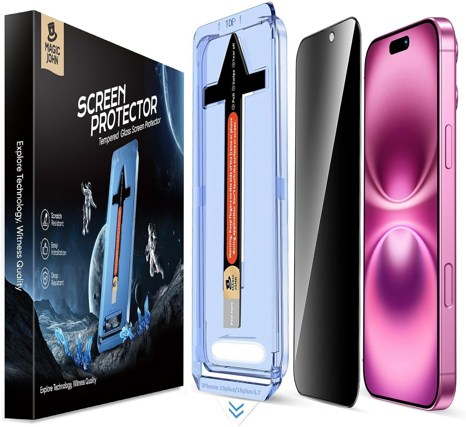 MAGIC JOHN 2 Pack for Iphone 16 plus 6.7 Inch Privacy Tempered Glass Screen Protector, Auto Dust-Elimination, Bubble Free, HD Clear, Easy Installation image number 1